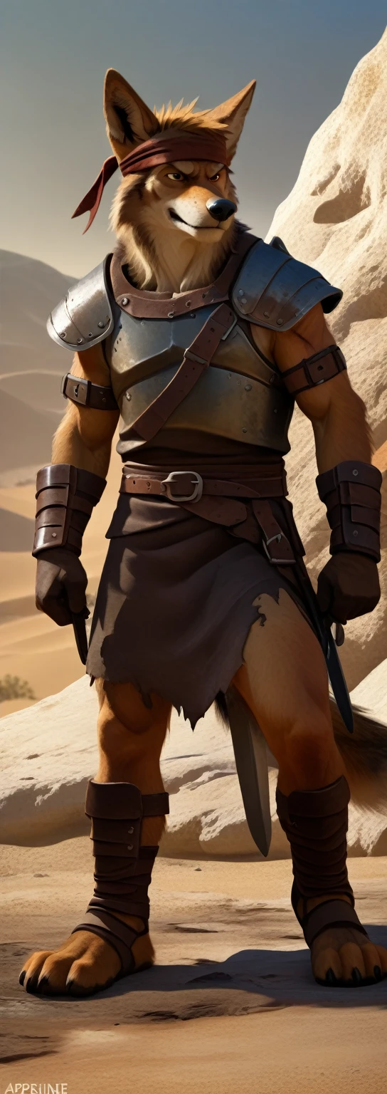 Solo anthro furry desert wolf coyote male; ancient Mediterranean desert mercenary warrior; slim mesomorph handsome model apperance; boy's messy short hair headband; sexy toned muscules; sword scars; worn out brown studded leather rusty armament. He has a worn ot dirty old short-sleeve tunic, belted with a heavy leather belt armor. on his chest he wears a heavy skimpy heavy breastplate over a tunic, a loinloth with worn-out loose desert trousers
, He has His heavy armor is old heavy brown harness with armlets studded with spikes;, he has old brown leather BFR Bands on Biceps and his thighs, he has old worn out fingerless leather gloves, shin guards, feet bondages. His heavy armor is in ruin, it is very very old and dirty, rusted, dirty, old worn out, rusty breastplate. Even though he is a handsome man, he has a sloppy appearance, has disheveled unwashed dirty fur, dirty body look. he smells, he has stains from old blood, dirt, semen, mud, smelly furr, disgusting bastard looking. Mediterranean sunny pine seacoastline pine forest; he has a proud, threatening and defiant expression on his face, with little dirty dangerous smile; He stands proudly bravely in an upright attacking position, he holds a rised up sword in his right paw, ready for incoming fight;