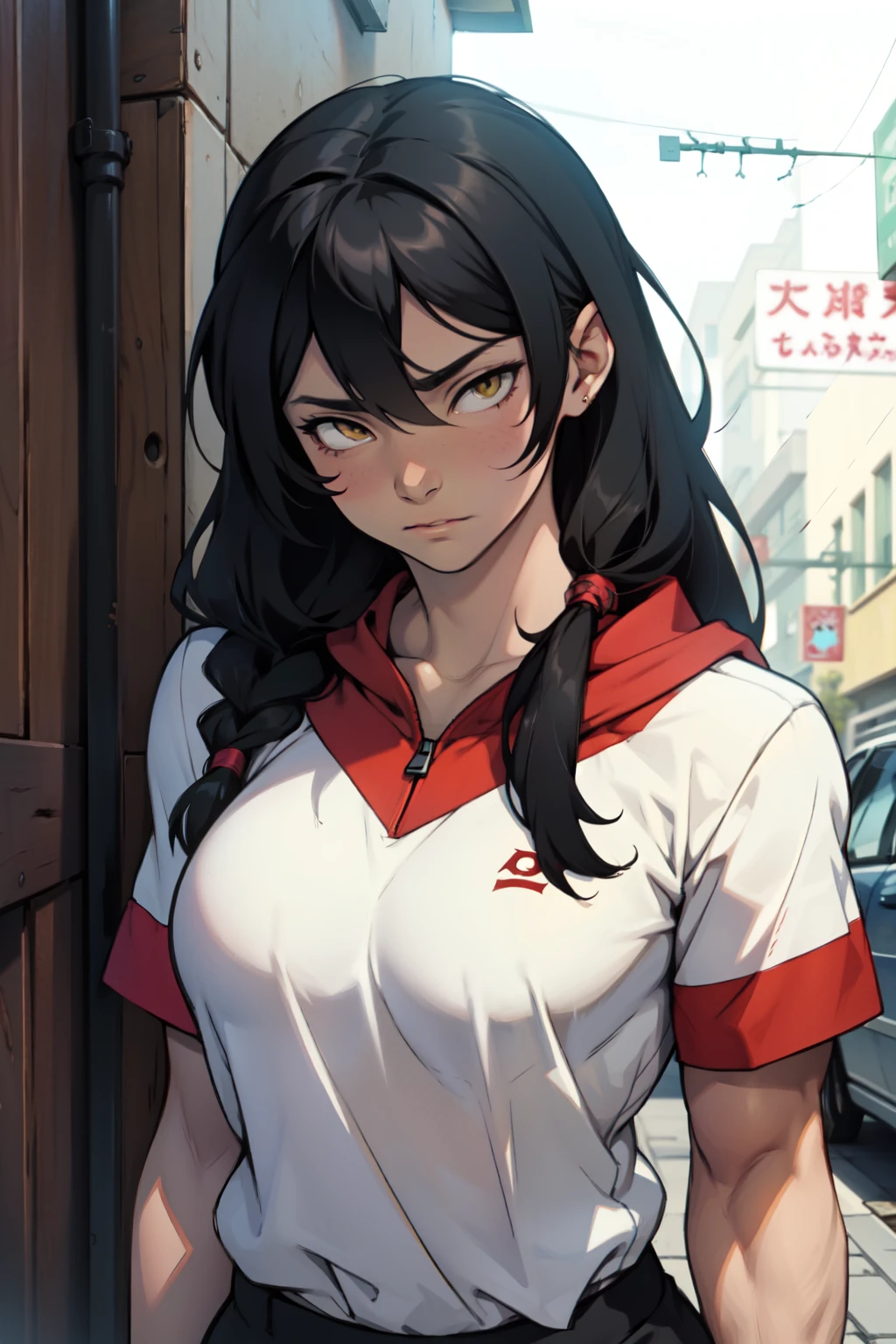 empty eyes embarrassed girl black hair yellow eyes pale skin muscular girl feminine 
