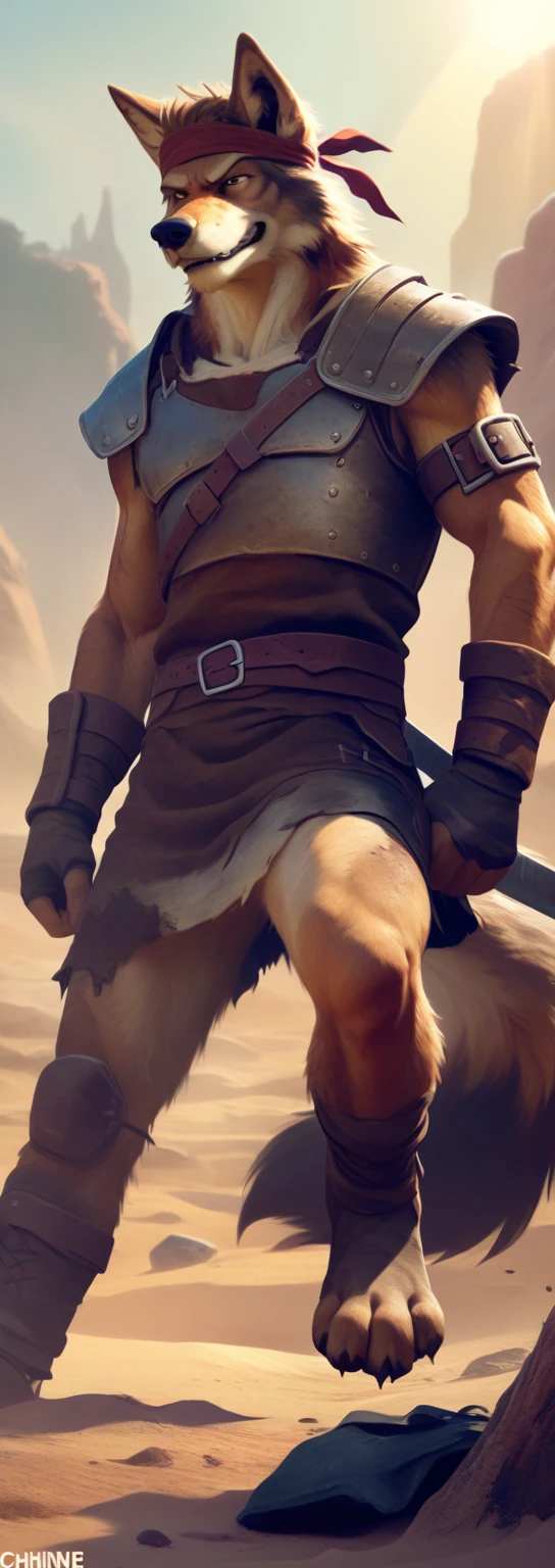 Solo anthro furry desert wolf coyote male; ancient Mediterranean desert mercenary warrior; slim mesomorph handsome model apperance; boy's messy short hair headband; sexy toned muscules; sword scars;  worn out brown studded leather rusty armament. He has a worn ot dirty old short-sleeve tunic, belted with a heavy leather belt armor. on his chest he wears a heavy skimpy heavy breastplate over a tunic, a loinloth with worn-out loose desert trousers
, He has His heavy armor is old heavy brown harness with armlets studded with spikes;,  he has old brown leather BFR Bands on Biceps and his thighs, he has old worn out fingerless leather gloves, shin guards, feet bondages. His heavy armor is in ruin, it is very very old and dirty, rusted, dirty, old worn out, rusty breastplate. Even though he is a handsome man, he has a sloppy appearance, has disheveled unwashed dirty fur, dirty body look. he smells, he has stains from old blood, dirt, semen, mud, smelly furr, disgusting bastard looking.  Mediterranean sunny pine seacoastline pine forest; he has a proud, threatening and defiant expression on his face, with little dirty dangerous smile; He stands proudly bravely in an upright attacking position, he holds a rised up sword in his right paw, ready for incoming fight; 