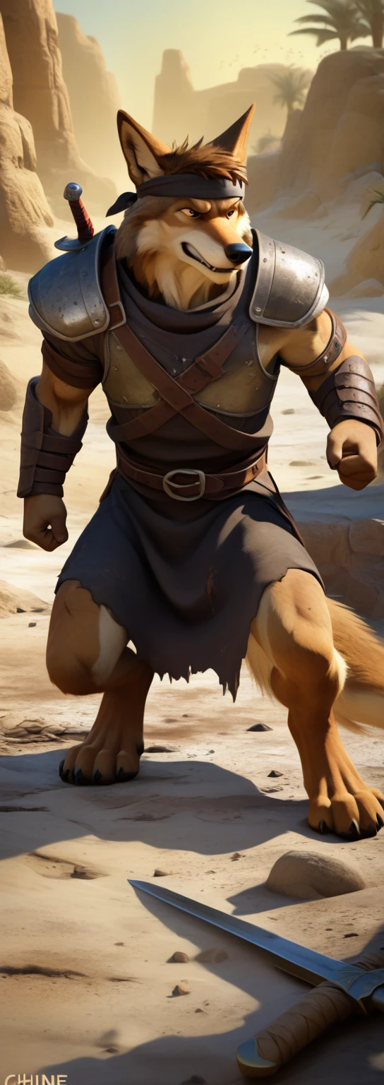 Solo anthro furry desert wolf coyote male; ancient Mediterranean desert mercenary warrior; slim mesomorph handsome model apperance; boy's messy short hair headband; sexy toned muscules; sword scars;  worn out brown studded leather rusty armament. He has a worn ot dirty old short-sleeve tunic, belted with a heavy leather belt armor. on his chest he wears a heavy skimpy heavy breastplate over a tunic, a loinloth with worn-out loose desert trousers
, He has His heavy armor is old heavy brown harness with armlets studded with spikes;,  he has old brown leather BFR Bands on Biceps and his thighs, he has old worn out fingerless leather gloves, shin guards, feet bondages. His heavy armor is in ruin, it is very very old and dirty, rusted, dirty, old worn out, rusty breastplate. Even though he is a handsome man, he has a sloppy appearance, has disheveled unwashed dirty fur, dirty body look. he smells, he has stains from old blood, dirt, ?????, mud, smelly furr, disgusting ??????? looking.  Mediterranean sunny pine seacoastline pine forest; he has a proud, threatening and defiant expression on his face, with little dirty dangerous smile; He stands proudly bravely in an upright attacking position, he holds a rised up sword in his right paw, ready for incoming fight; 