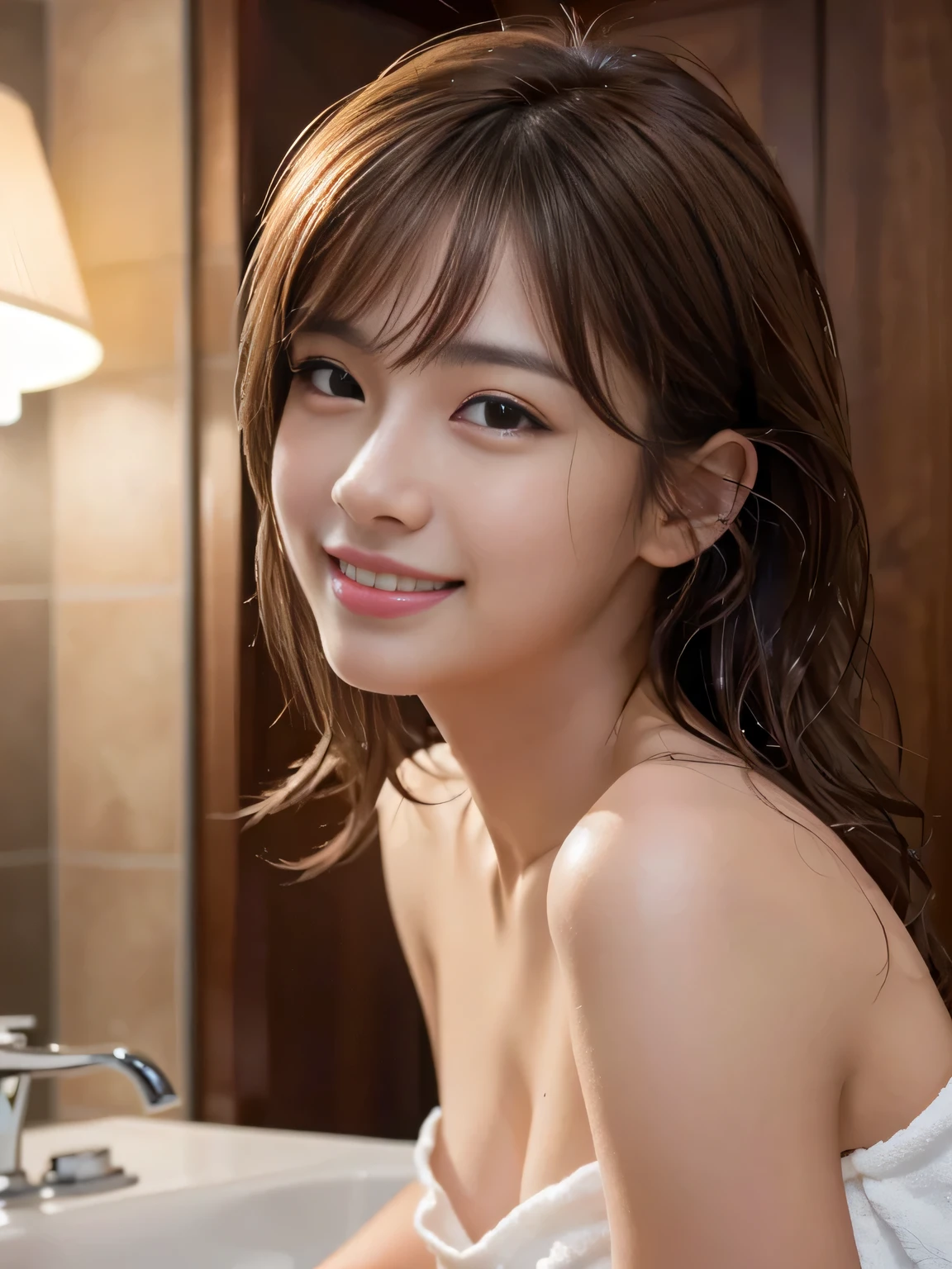 (Raw photo, Best Quality), (Realistic, Photorealsitic:1.4), masterpiece, extremely delicate and beautiful, Extremely detailed, 8k wallpaper, amazing, finely detail, extremely detailed CG Unity, hight resolution, 1 japanese woman, BodyTowel, wet, cowboy:1.3 shot, Soft light, beautiful detailed women, 19 years old, extremely detailed eye and face, beautiful detailed nose, Beautiful detailed eyes, Cinematic lighting, Perfect Anatomy, Glamour, (Mischievous smile), (hair messy, asymmetrical bangs, light brown hair), Hotel bathroom