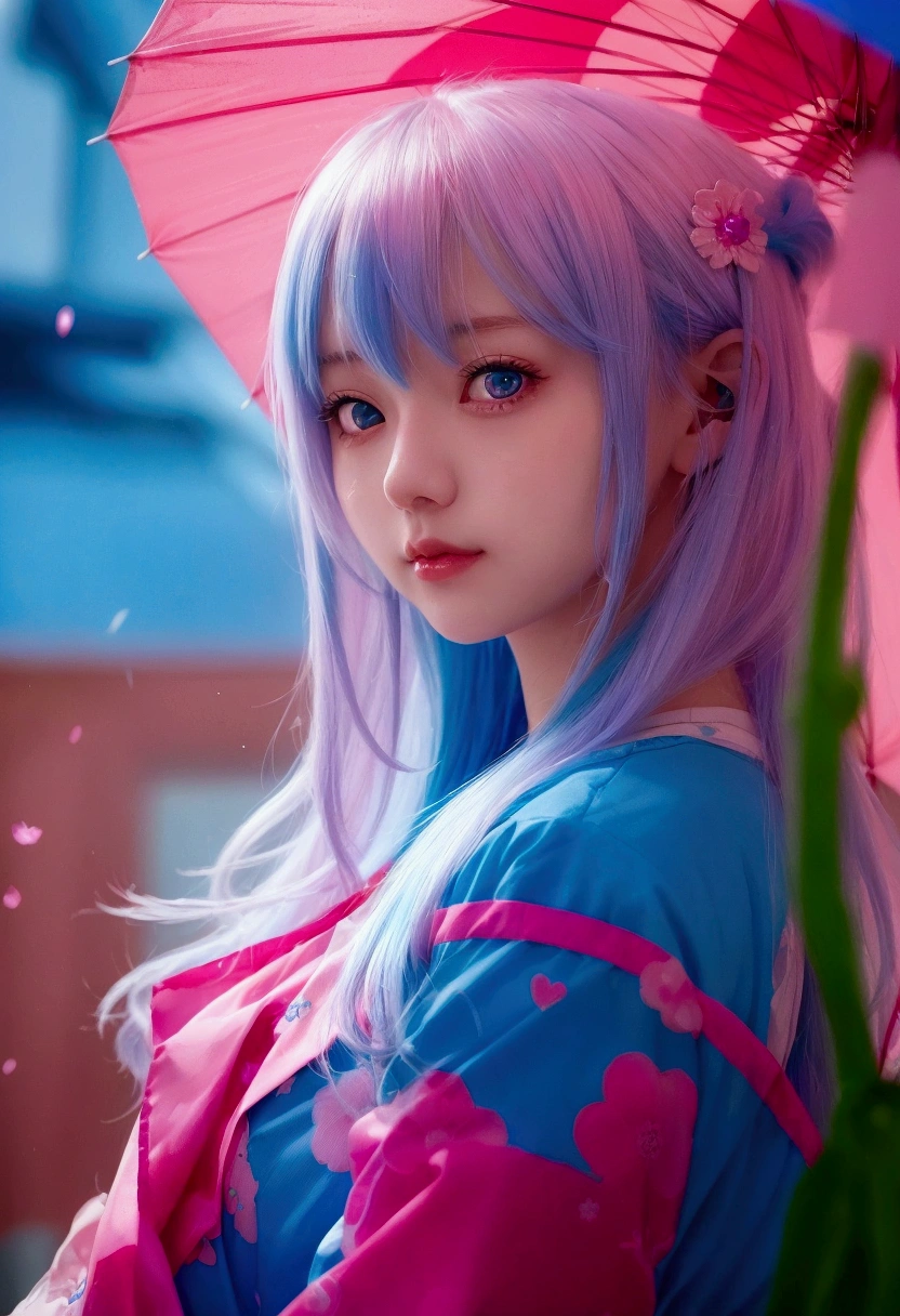 One with blue hair、Close-up shot of woman holding pink umbrella, Anime Girl Cosplay, Beautiful blue-haired girl, Gu Weiss, Pretty girl with blue hair, artwork in the style of Gu Weiss, Beautiful anime girl, Anime girls in real life, Popular on cgstation, Beautiful anime portrait, Charming anime girl, Ghost Festival