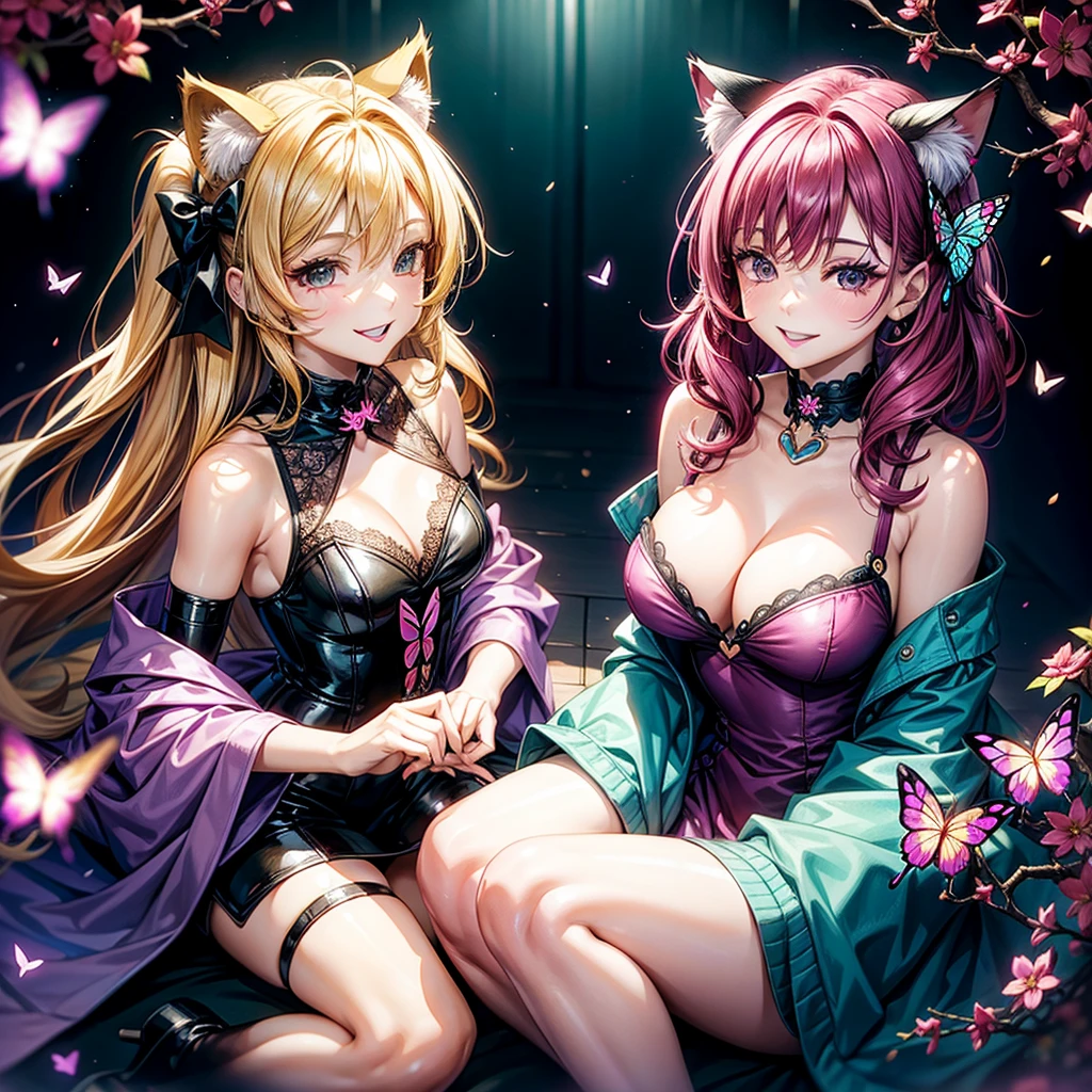Magenta hair, hazel eyes, older woman, hair bows, cat ears, long hair, smiling face,  outfit, butterflies, teal and gold outfit, butterfly background 