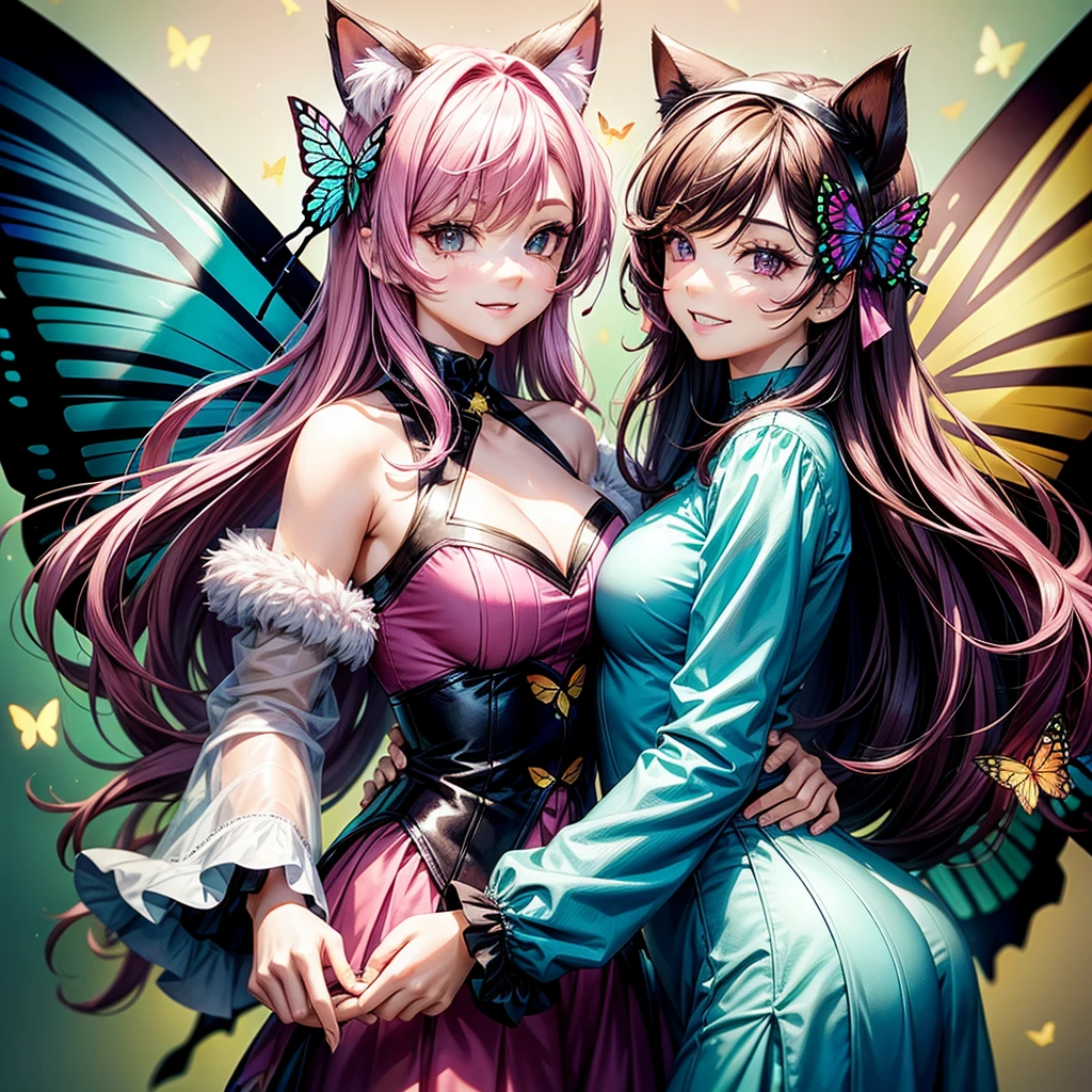 Magenta hair, hazel eyes, older woman, hair bows, cat ears, long hair, smiling face, sexy outfit, butterflies, teal and gold outfit, butterfly background