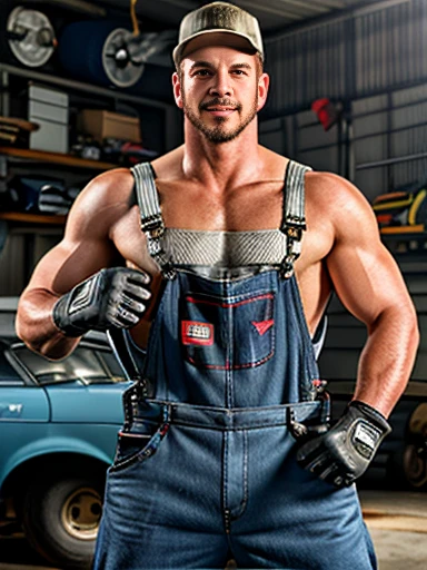 man wearing (overalls:1.3), mechanic shop, (holding wrench:1.2), wearing gloves, shiny skin, sweat, abs, aesthetic, baseball cap, beard, best quality, car, cinematic, depth of field, detailed background, detailed face, detailed skin, dynamic lighting, dynamic pose, glove, handsome man, holding wrench, intricate, large pectorals, masculine, masterpiece, mechanic overalls, muscular, (shirtless:1.3), natural shadow, pecs, smirk, workshop, (crotch bulge:1.2),, ((masterpiece)), ((best quality:1.2)), high resolution, 8k, (ultra_realistic:1.3), (photorealistic:1.4), (absurdres), sharp focus, highly detailed, professional lighting, photography, hdr, depth of field, film grain, 35mm, dslr shot, global illumination,