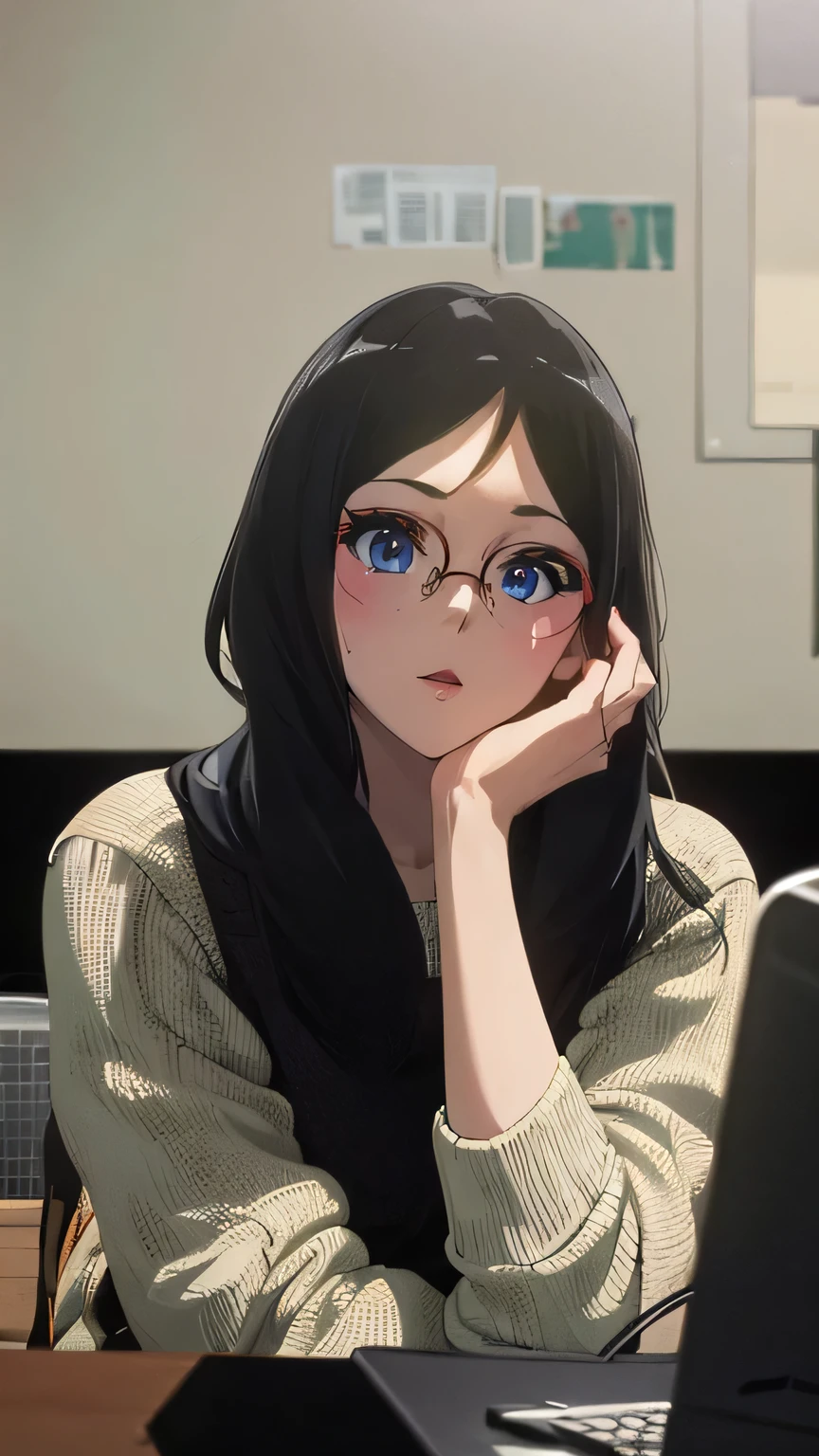 Masterpiece, high res, {Thanaka_Asuka_euphonium sound:1.15}, black_hair, long_hair, glasses, light blue_eyes, Blush, red frame_glasses, Seraph, beyond the edge_glasses, semi borderless_glasses, hair_between_eyes, 