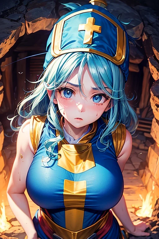 masterpiece, Highest quality,  Unreal Engine,  Super Resolution,  Very detailed, 

Beautiful woman, Dragon Quest Female Monk, long sky blue hair, Priest's hat, Orange bodysuit, friend, (((Tabard:1.5))), - Elbow hand pockets, Vivid expression, Healthy Body, Beautifully detailed sweat glands, Smooth skin texture, Carefully drawn, 

(humidity:1.5), (Hot Temperatures:1.5), Beautiful Eyes, (Attractive face:1.2), (Beautiful Skin), Tight waist, (Big Breasts), Round Breasts, (Sticky with sweat), Irresistibly sexy pose, 

In the world of Dragon Quest, (Inside the cave where you can see magma), 