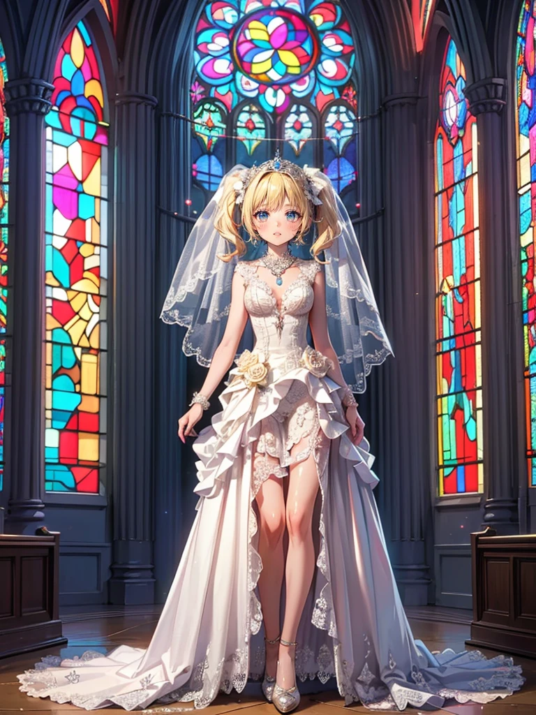 malcaste melody piece: 1.3), (max resolution: 1.2), 8K resolution, Perfect Style, Beautiful face, Thin eyebrows, Glitter Eyeliner: 1.2, Natural cheeks, Glossy skin, Fair skin: 1.2, (Blonde hair with fluffy short twintails:1.3),shiny little necklace and earrings, (Glossy lips: 1.4), (weddingdress:1.2)、 (Shy look: 1.2),(church and large stained glass: 1.2),(Deep Blue Eyes:1.4),Rosary Necklace,wedding veil,(Full body:1.2)