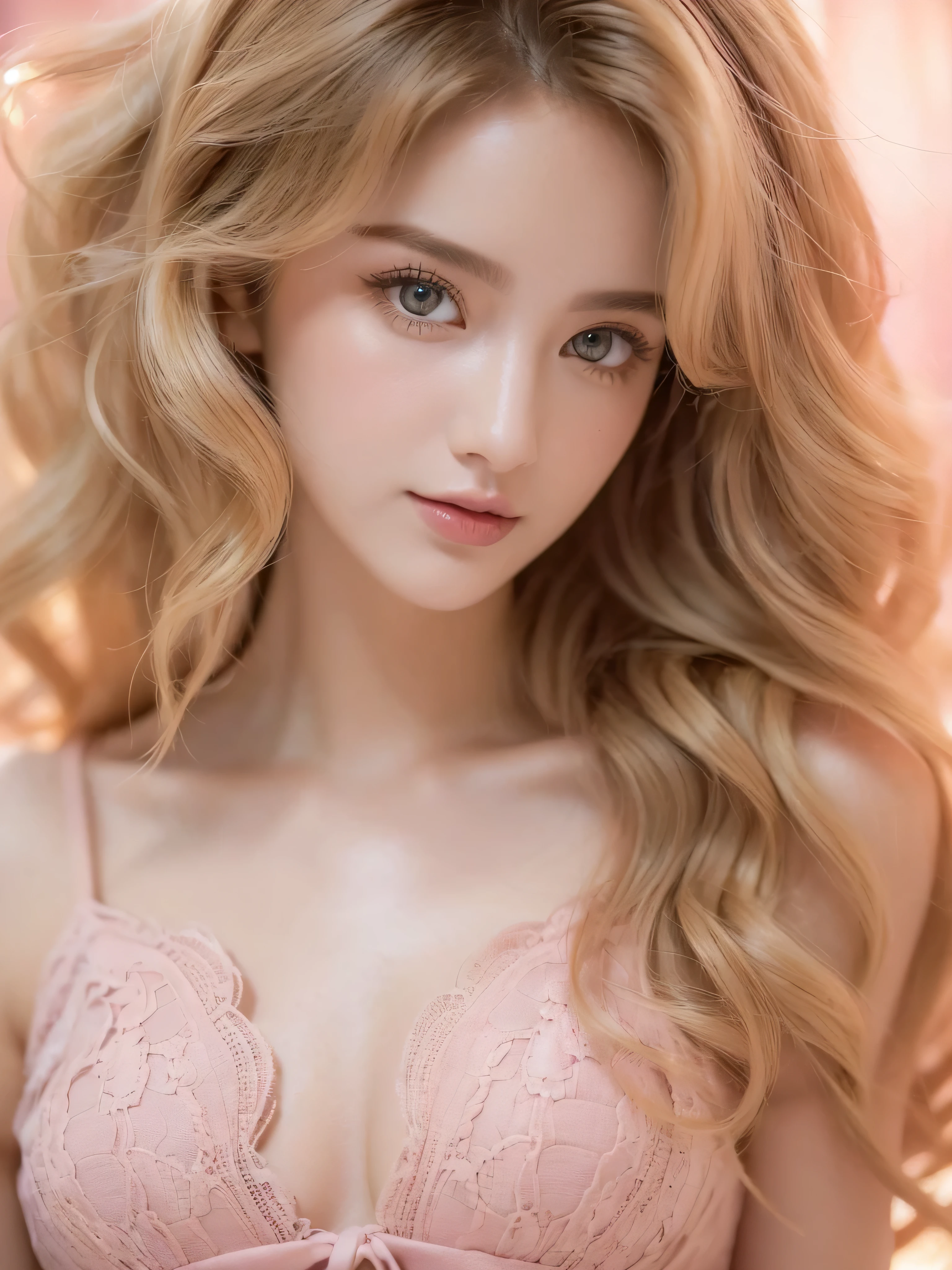 (Close-up of beautiful 26-year-old girl in classic pink dress: 1.2), stock photo film, camera f1. 6, saturated colors, lively, Patterns are lifelike, Impressive classic lighting, Modern style, sexy full body photo, Evening, Medium curly hair dyed light blonde