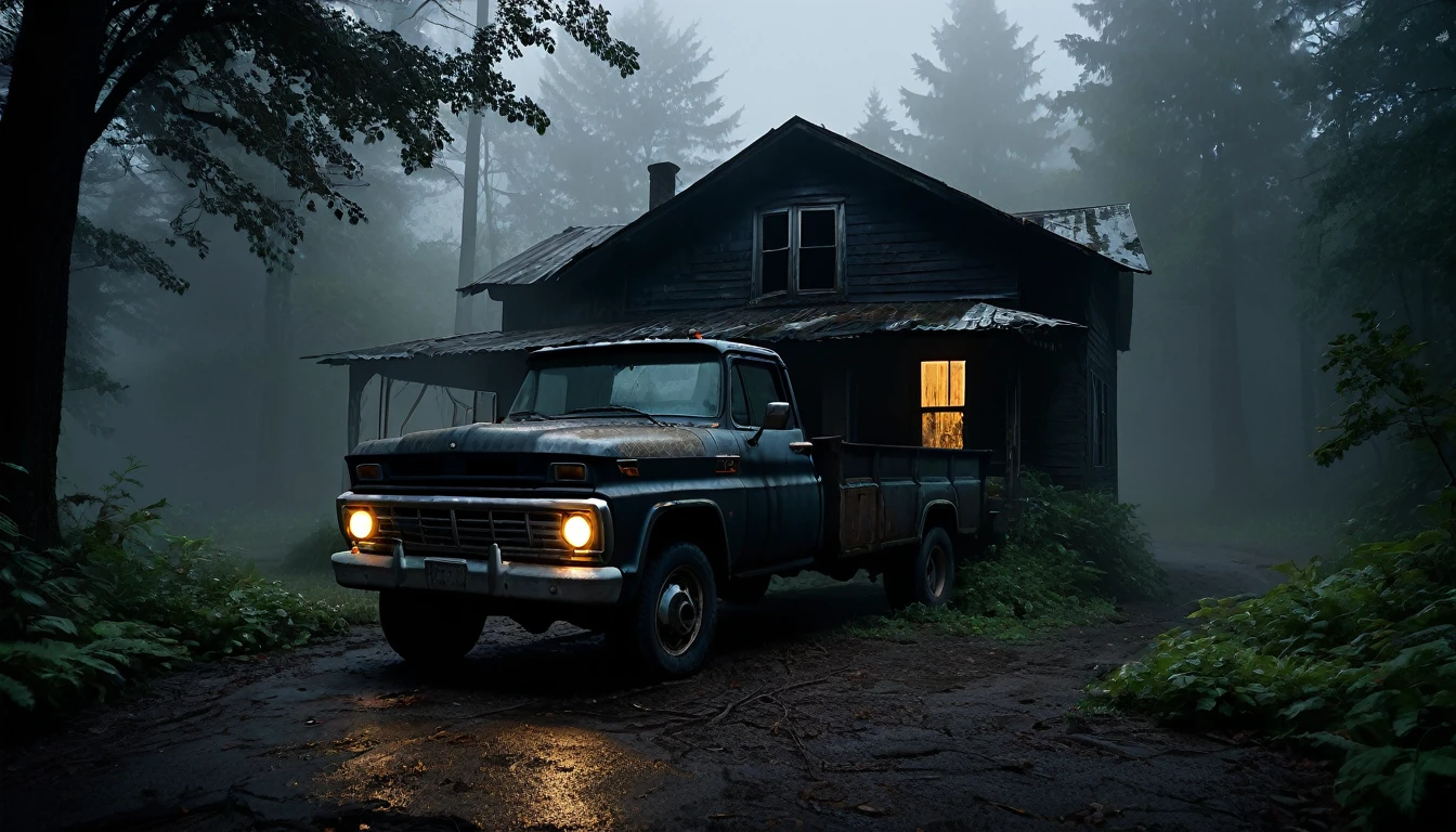 006: Create a hyper-realistic image of a black truck parked near a dilapidated, abandoned house in the middle of a dark, misty forest. The truck’s headlights illuminate the front of the house, revealing broken windows, a sagging roof, and an overgrown yard. The surrounding trees are shrouded in fog, with strange shapes lurking in the shadows. Inside the truck, the interior is dark except for a faint glow from the dashboard, hinting at the presence of something unseen. The atmosphere is thick with unease, as if something terrible is about to happen. The image should be in a 16:9 format, with soft shadows and highlights adding to the tension.