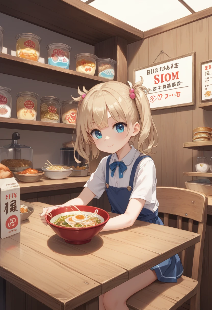score_7_up,score_8_up,score_9,source anime,surper detail, Cute young is the simple interior of a ramen shop, wooden counter and chairs, menu hanging on the wall