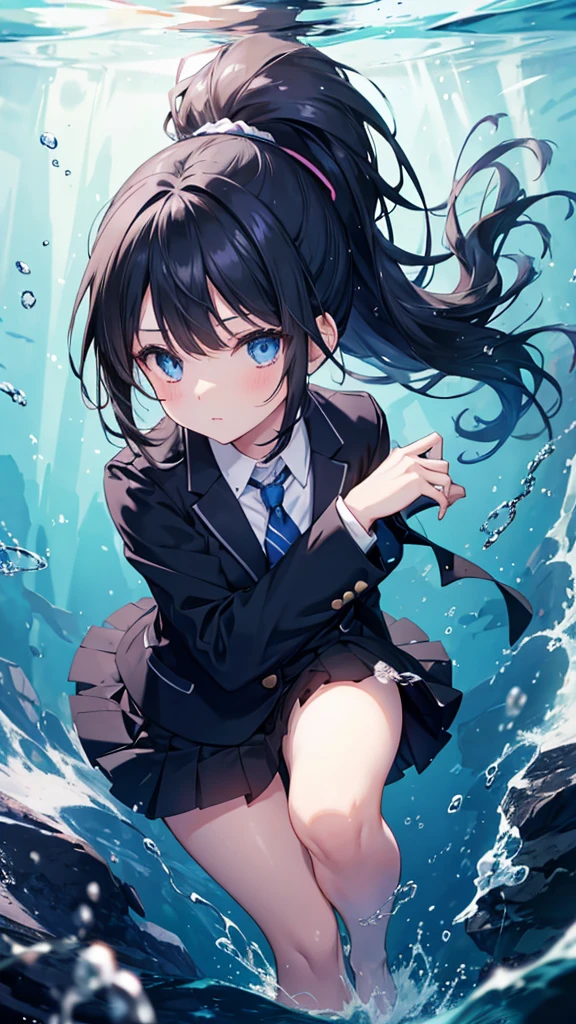 A girl with medium black hair and a ponytail。Blue eyes。Wearing a blazer uniform。Anime illustration floating in water in an underwater world