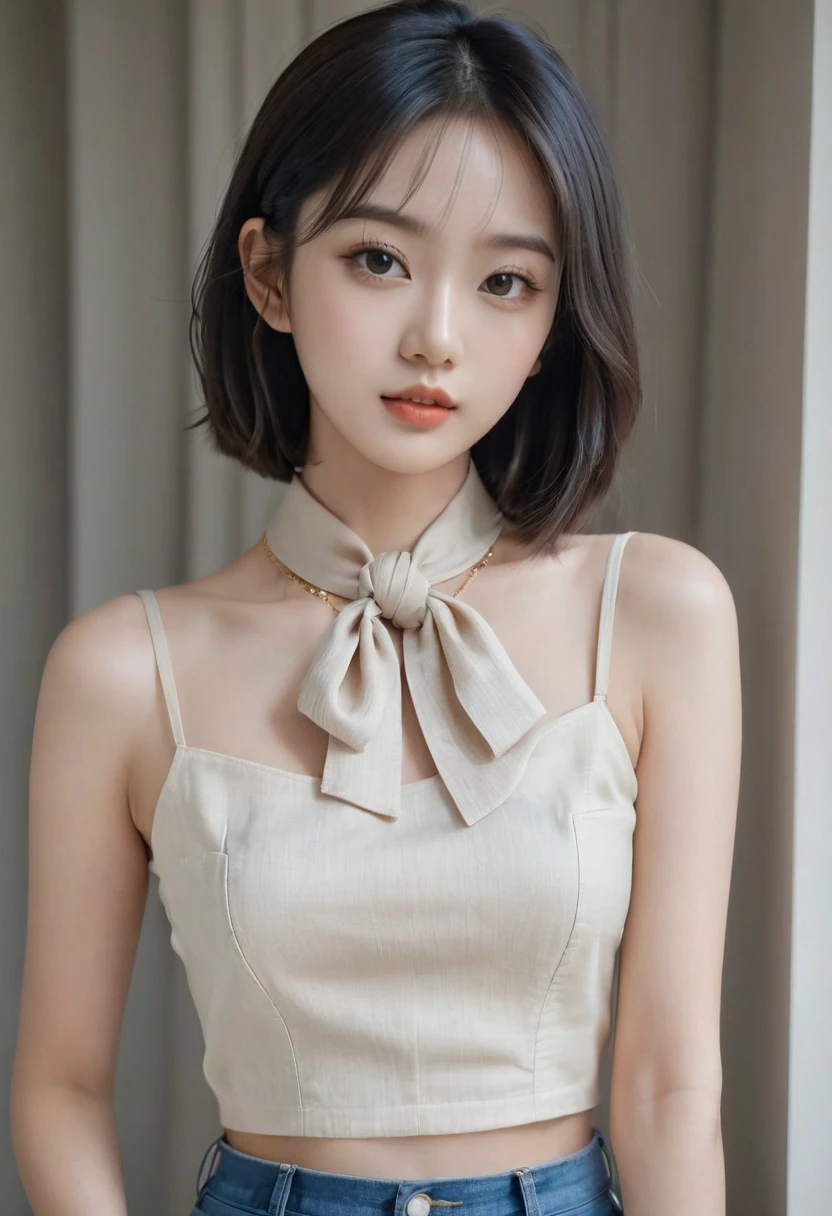 beautiful and attractive, 23-year-old Thai girl, 162-centimeter height, natural-ivory skin tone, (rounded-face), little-eyes, black eyes, (((korean monolid-eyes))), (clear-detailed eyes), centered-focus eyes, natural-gloss full-lips, (straight shoulder-length bob haircut), ((gray and silver highlights on black hair)), (clear-detailed hairs), ((naked small-breasts)), hourglass-slim figure, narrow shoulders, long neck, slim waist, rich-detailed skin texture, skin detention, white crop-tops, high-waist blue skinny-denim, Cartier’s rose-gold love necklace, (clear rich-detailed necklace), (((too tight Parisian-scarf with a big-knot scarf tightly strangle neck and long-tail scarf behind back))), ((rich-detailed scarf texture)), (((linen-cotton ribbed beige-color scarf with scarf-knot and tail))), look up to viewer, best highly-details and quality, 8k, HD photo
