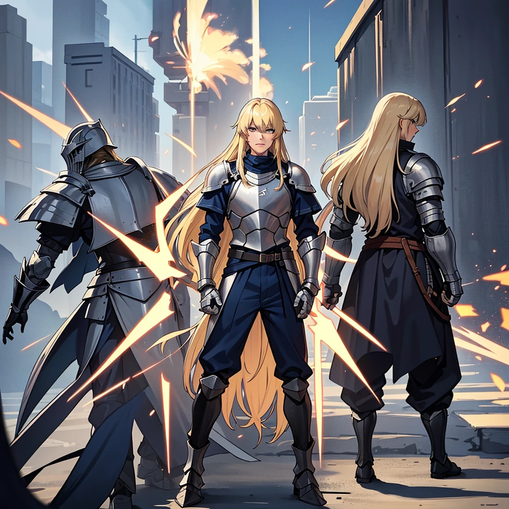 (Full body character concept、10 people)、Highest quality, Best Quality, Best illustrations, (((Grey Armor)))、(((Blond long hair man、Long-haired man、male、24-years-old、Cool guy)))、(Medieval Knight)、(Navy blue trousers)、(get annoyed、Clench your teeth)、(Living in the desert)、(White background)、Run、(From the back、back view)、(attack、Deathblow、sparks)