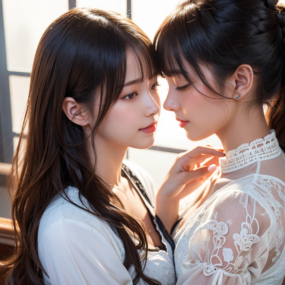 ((Highest quality)), (Ultra-high resolution), (Very detailed), (Detailed Description), ((The best CG)), (masterpiece), Ultra-detailed art, perfect anatomy, two stunning girls are deeply in love with each other, kiss
