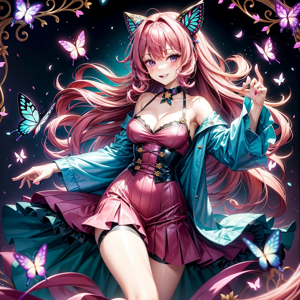 Magenta hair, hazel eyes, older woman, hair bows, cat ears, long hair, smiling face, sexy outfit, butterflies, teal and gold outfit, butterfly background