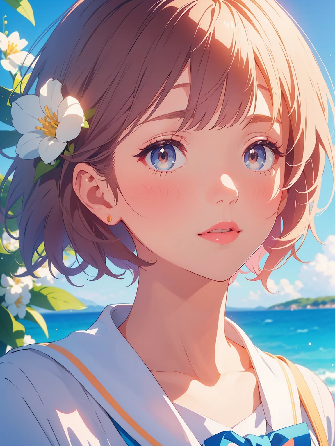 sailor suit、close up of face、soft lighting、Colored pencil style、lips、short hair、Background flowers
