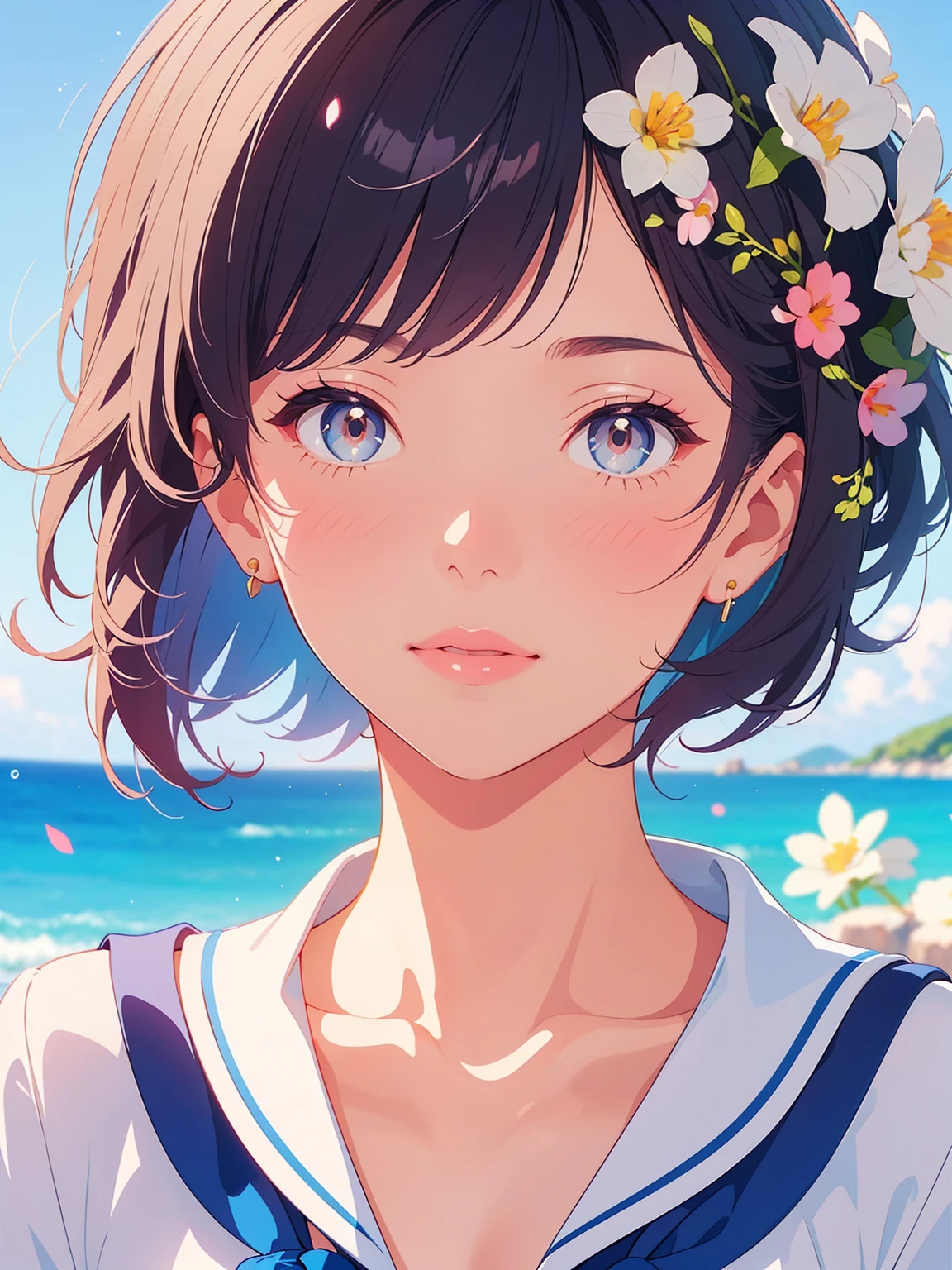 sailor suit、close up of face、soft lighting、Colored pencil style、lips、short hair、Background flowers