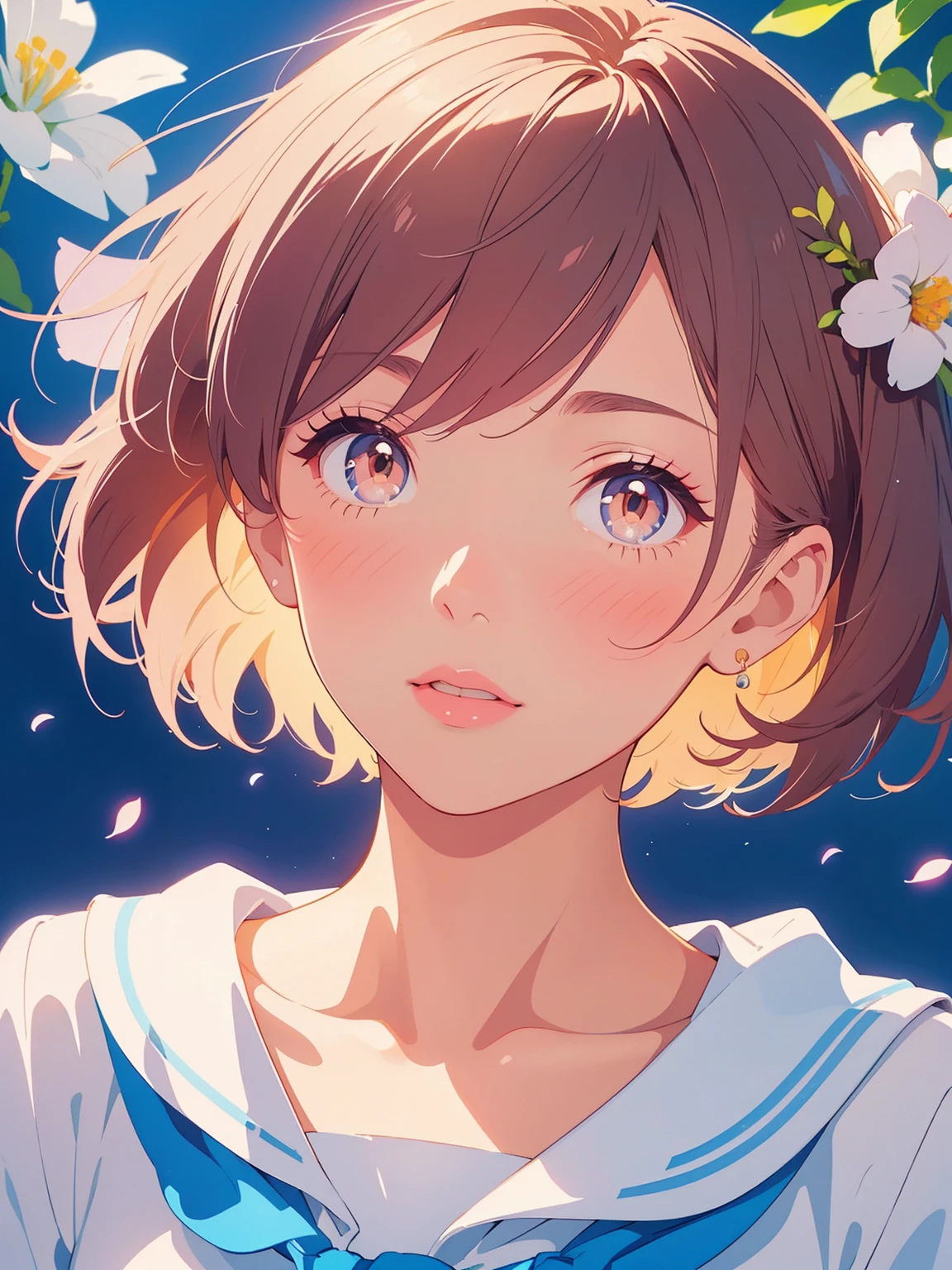 sailor suit、close up of face、soft lighting、Colored pencil style、lips、short hair、Background flowers