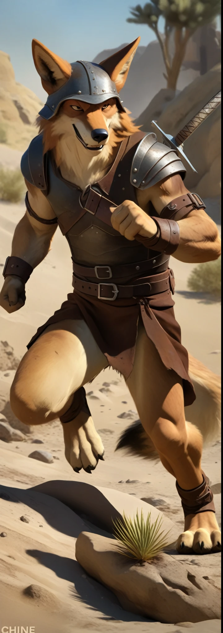 Solo anthro furry desert wolf coyote male; ancient Mediterranean desert mercenary warrior; slim mesomorph handsome model apperance; anthro muzzle head shape leather helmet mask with eye holes; anthro muzzle head shape leather helmet mask with eye holes, sexy toned muscules; sword scars;  worn out brown studded leather rusty armament. He has a worn ot dirty old short-sleeve tunic, belted with a heavy leather belt armor. on his chest he wears a heavy skimpy heavy breastplate over a tunic, a loinloth with worn-out loose desert trousers
, He has His heavy armor is old heavy brown harness with armlets studded with spikes;,  he has old brown leather BFR Bands on Biceps and his thighs, he has old worn out fingerless leather gloves, shin guards, feet bondages. His heavy armor is in ruin, it is very very old and dirty, rusted, dirty, old worn out, rusty breastplate. Even though he is a handsome man, he has a sloppy appearance, has disheveled unwashed dirty fur, dirty body look. he smells, he has stains from old blood, dirt, semen, mud, smelly furr, disgusting bastard looking.  Mediterranean sunny pine seacoastline pine forest; he has a proud, threatening and defiant expression on his face, with little dirty dangerous smile; He stands proudly bravely in an upright attacking position, he holds a rised up sword in his right paw, ready for incoming fight; 