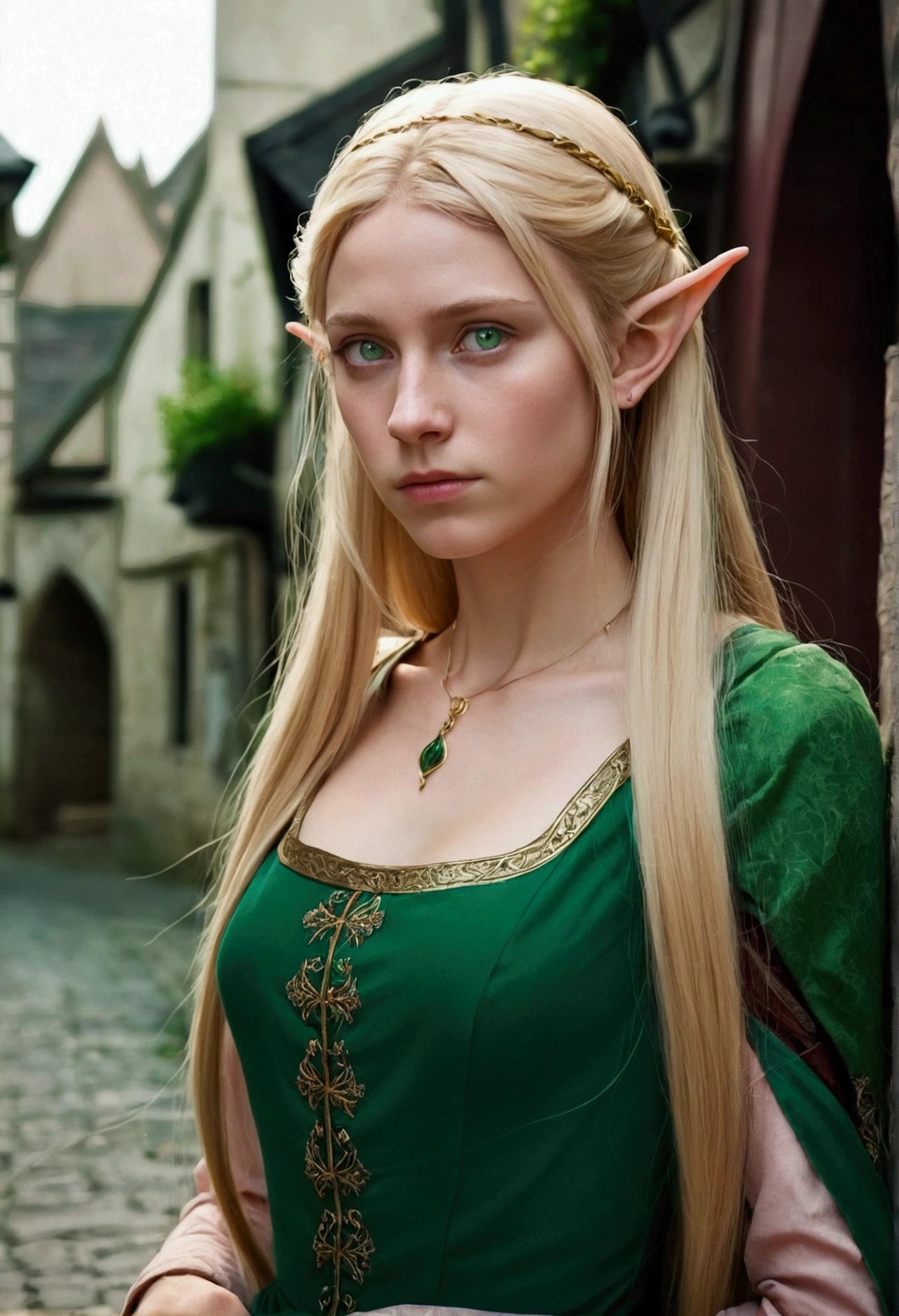 1girl with long blonde hair, elven ears,green eyes, slim body, green simple dress, medieval street, upper body, blush, sad face
