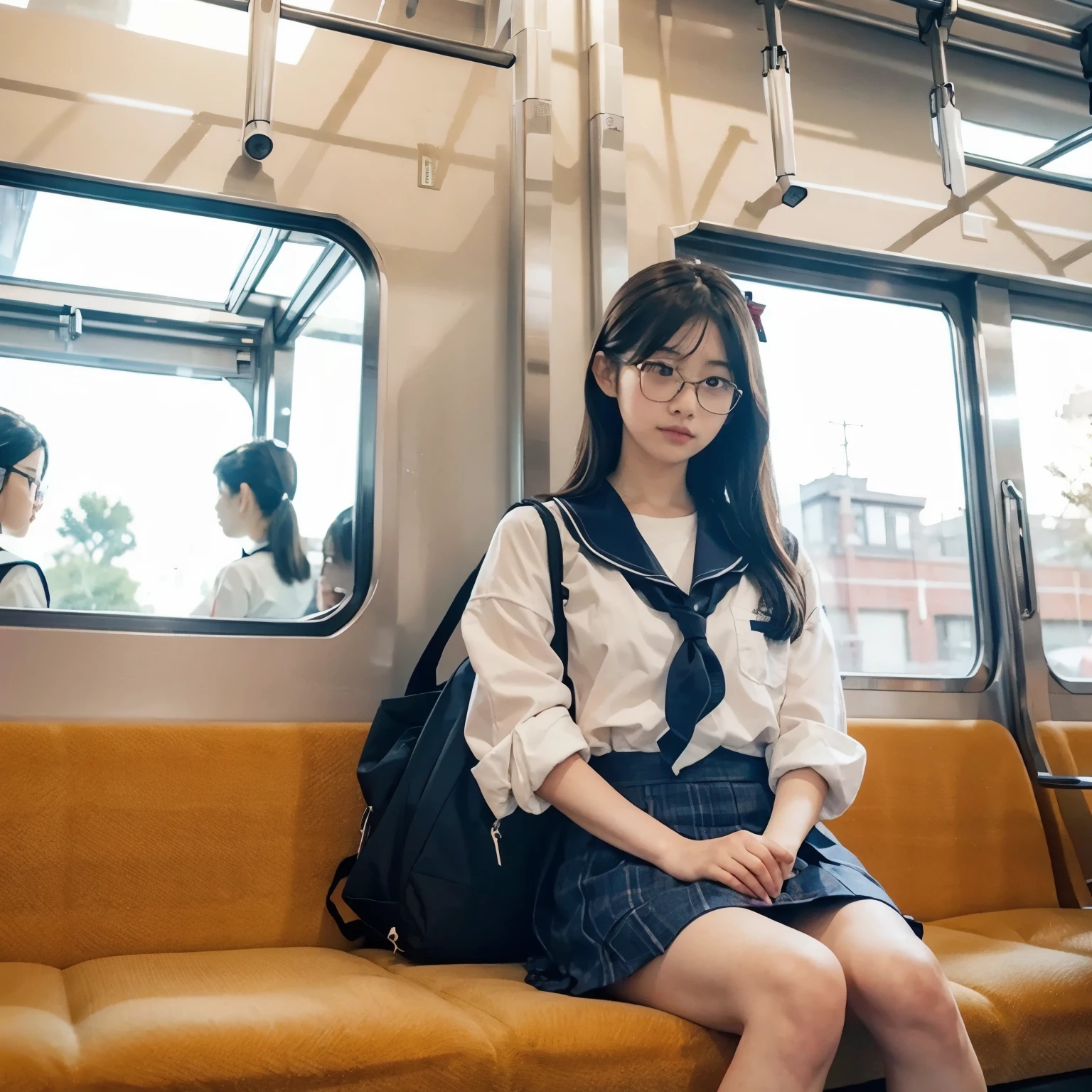 Photorealistic、High resolution、Japanese Trains、A high school girl is sitting alone on the long seat directly in front of me.、Sailor suit、Black-rimmed glasses、High school girls stare at me、The high school girl is holding up the front edge of her skirt with both hands.、Train window behind high school girl、正確なJapanese Trainsの構造、