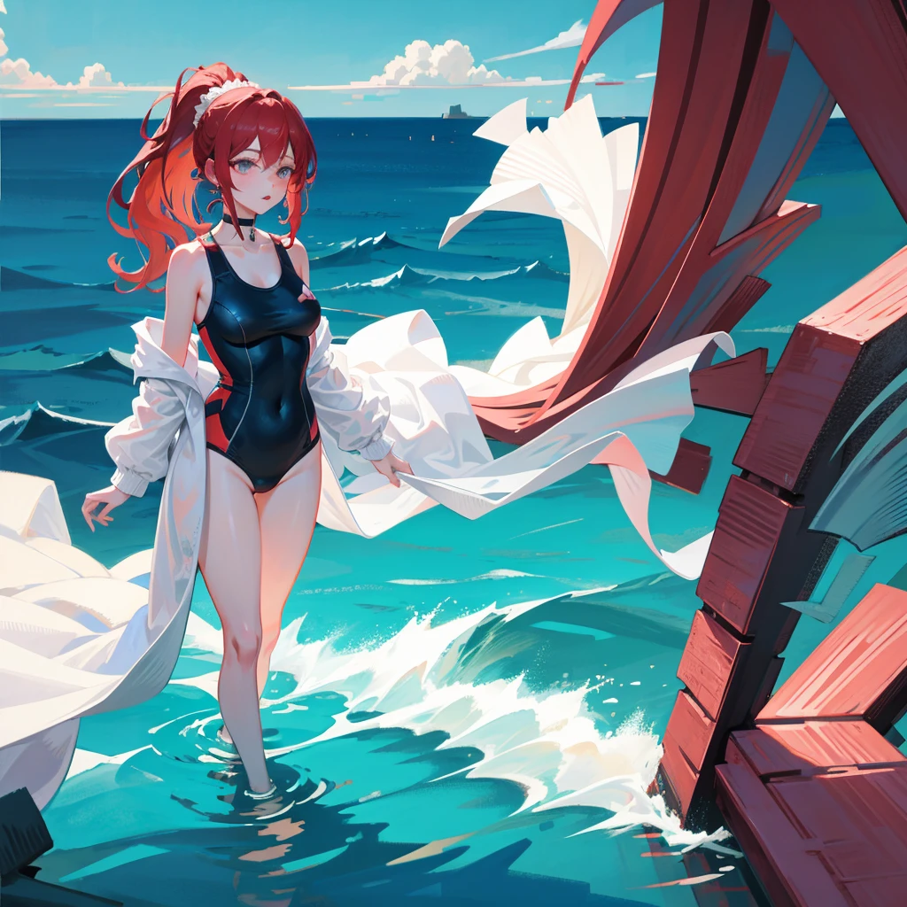 [[[[[[1 woman]]]]]] {{{ponytail hair}}},  long hair, red hair, gray eyes animation, Breasts slightly larger, medium hips, choker, inexpressive, black swimsuit, White sheer cardigan, choker, standin, very detailed, 8k, sea background