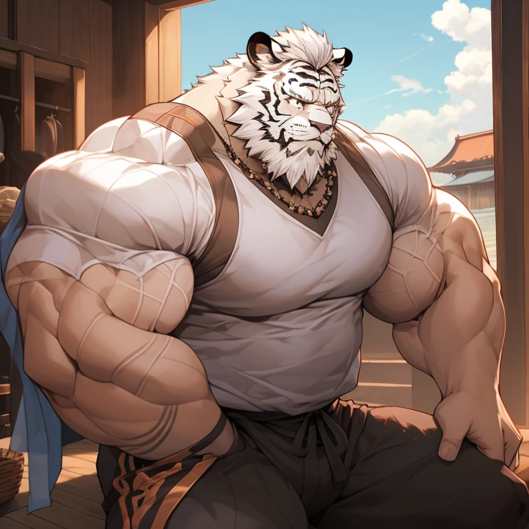Very detailed, Detailed face, exquisite eyes, Detailed muscles, (View whole body), ((1 person)), ((Hairy white tiger)), strong muscles,hairy, middle-aged man,(Purpose(Focus on practicing martial arts in the martial arts gym (beard, beaded,Majestic and majestic,strong face, short hair, White hair, Strong character, strong muscles,Wearing martial arts training clothes,Wear black cotton socks), (photography (50mm lens, cinematic, cinematic color))HD clear