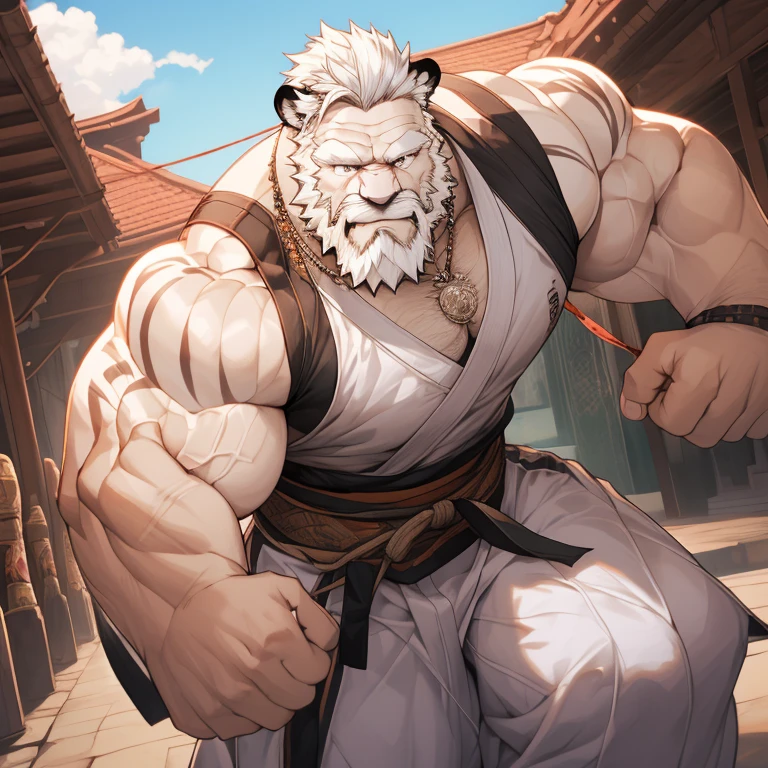 Very detailed, Detailed face, exquisite eyes, Detailed muscles, (View whole body), ((1 person)), ((Hairy white tiger)), strong muscles,hairy, middle-aged man,(Purpose(Focus on practicing martial arts in the martial arts gym (beard, beaded,Majestic and majestic,strong face, short hair, White hair, Strong character, strong muscles,Wearing martial arts training clothes,Wear black cotton socks), (photography (50mm lens, cinematic, cinematic color))HD clear