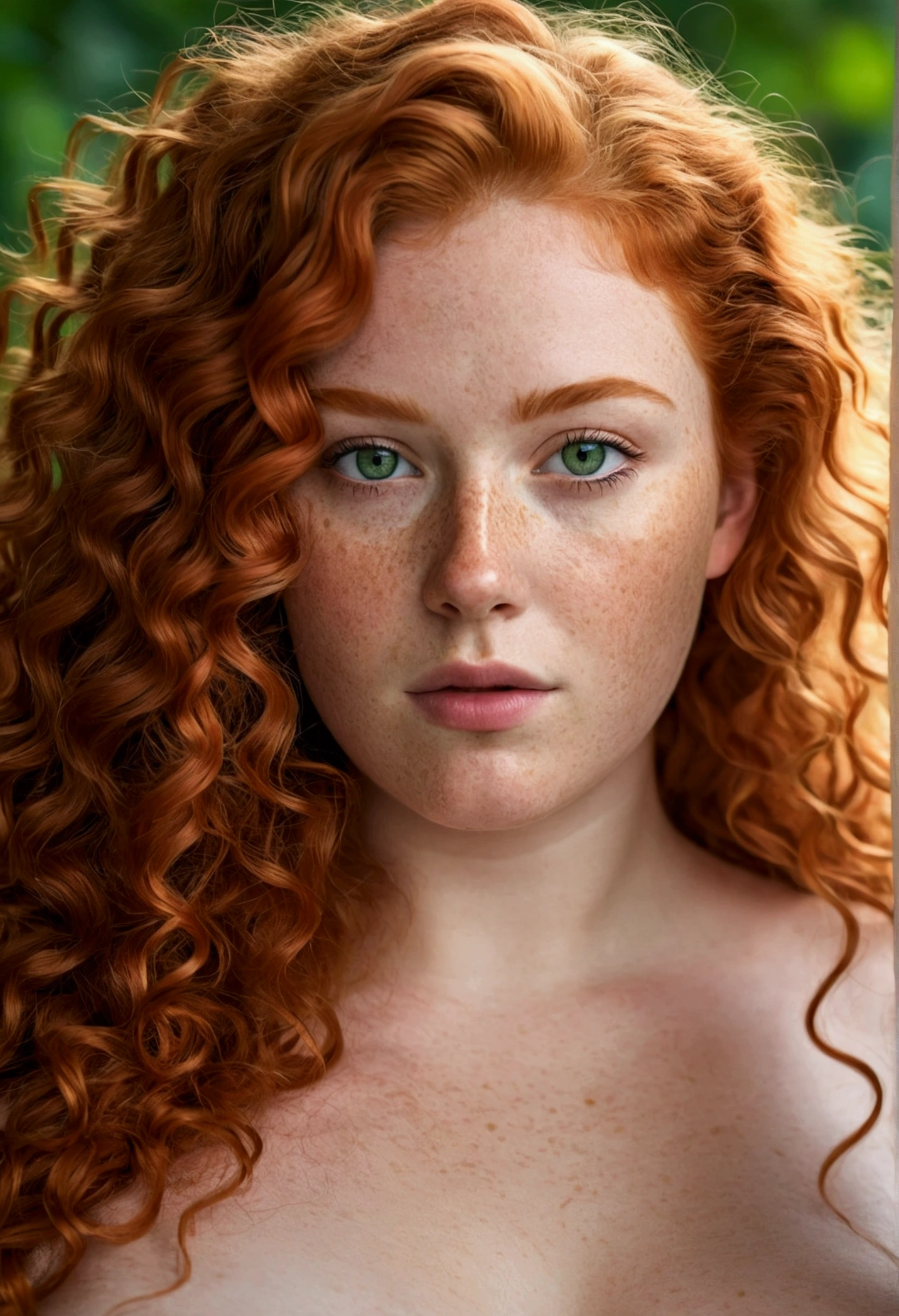 photo of beautiful age 16 woman, plus size, curvy, curly ginger hair, long hair, freckles all over, green eyes, sexy, dslr, 8k, 4k, ultrarealistic, realistic, natural skin, textured skin, naked, fantasy