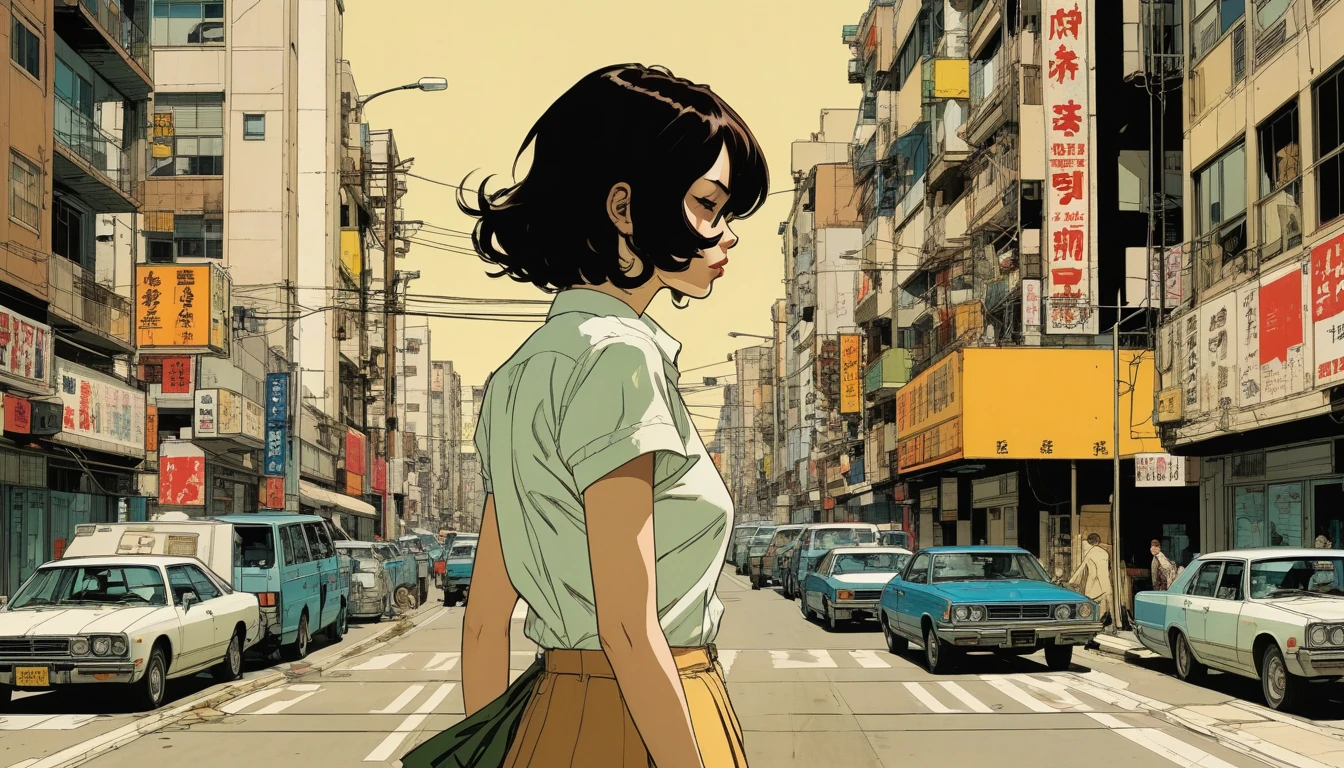 by Adrian Tomine and Yoji Shinkawa, (flawless , glossy , masterful:1.4), poster art, bold lines, hyper detailed, expressive, award winning, (scenery:1.4), (intricate details, masterpiece, best quality:1.4),
looking at viewer, dynamic pose, wide angle view, dark limited palette, dramatic lighting,