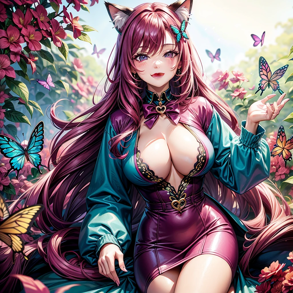 Magenta hair, hazel eyes, older woman, hair bows, cat ears, long hair, smiling face, ???? outfit, butterflies, teal and gold outfit, butterfly background 