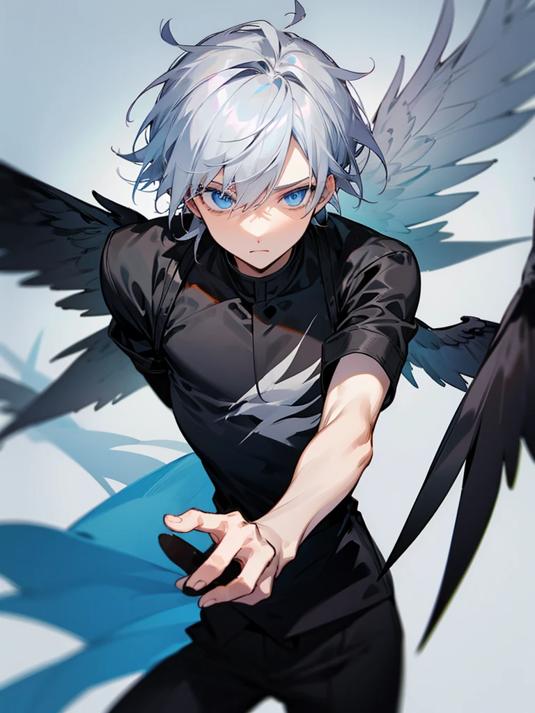 Male character gray hair blue eyes and black wings and black clothes