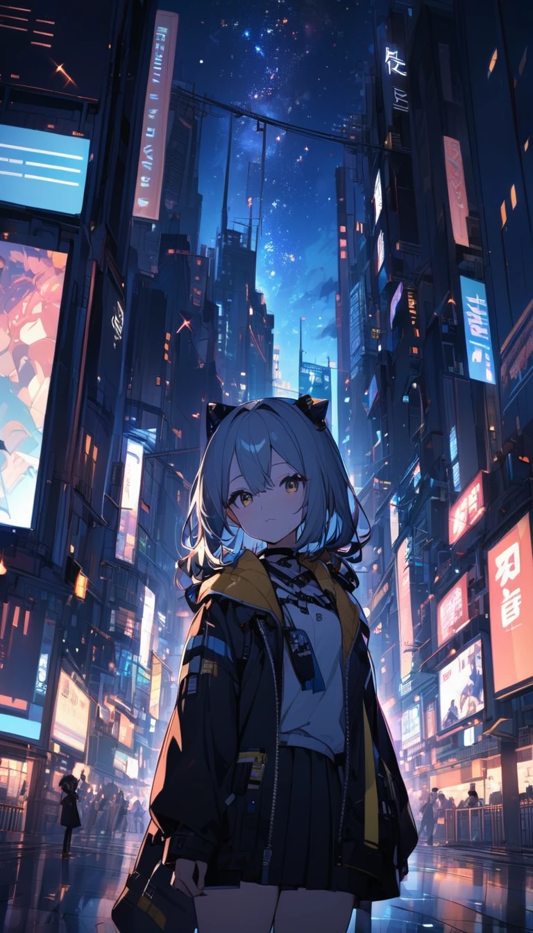 Night Cityscape wide night sky ,girl 