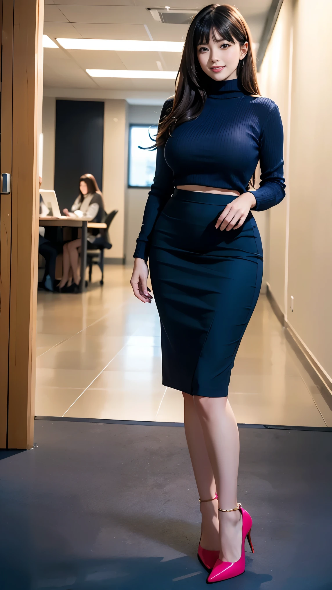 (Best Quality, Masterpiece, Photo realistic, Ultra Detailed, ultra high res, raw:1.3), (2girls:1.3), beautiful, Japanese, mature, 28yo, office workers, (turtle neck knit, pencil skirt), ({gold| silver| wine red| blue| navy| pink} clothes:1.3), (smile), long hair, bangs, high-waist, necklace, (at IT office), (long legs, high heels, full body:1.2), (gigantic breasts bigger than her face:1.3), (crowd)