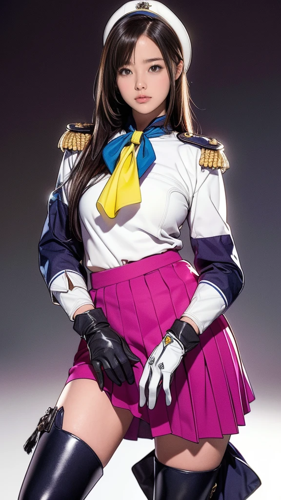 High-resolution images,masterpiece,Highest quality,girl,Cowboy Shot,Cute Face,Simple Background,jyojifuku,(Brightly colored matrices,have,boots,gloves,Epaulettes,skirt,:1.3),