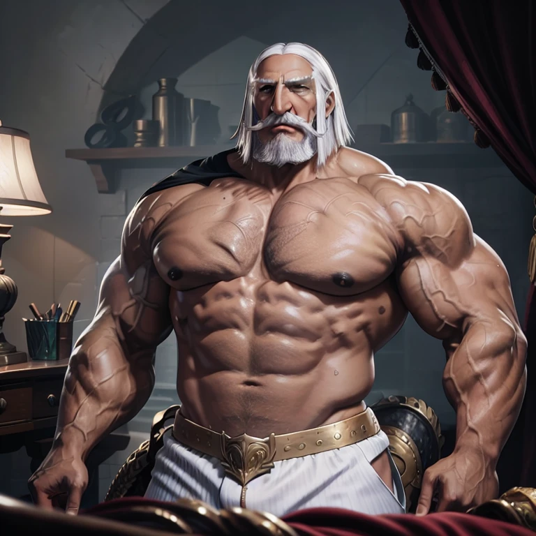 The teacher arguing with the spectator, very lewd, Stately, lateral view, below pov, fully body, 80 years old, grey long hair , thick grey beard, nose with pronounced bridge and outward curve that protrudes from the base of the nose,  dark oliva skin color, oiled skin, wide pectorals, huge pecs, enormous nose, eagle like nose, veins, absurdly huge nose, hawk nose, concave nose, well groomed moustache, big old man nose, (80 years old daddy),  hair chest, big nipples, sultry posing, he is in the bedroom, close up shot, wearing a wet white cleavage shirt and a tight speedo underwear, wet body, bare arms, big bulge, Large protrusion in the groin, thick thights, Wonderful highly detailed masterpiece, beautiful cinematic light deep focus, chic, digitalpainting, seeds, sharp focus, golden ratio, dramatic lighting, 8k