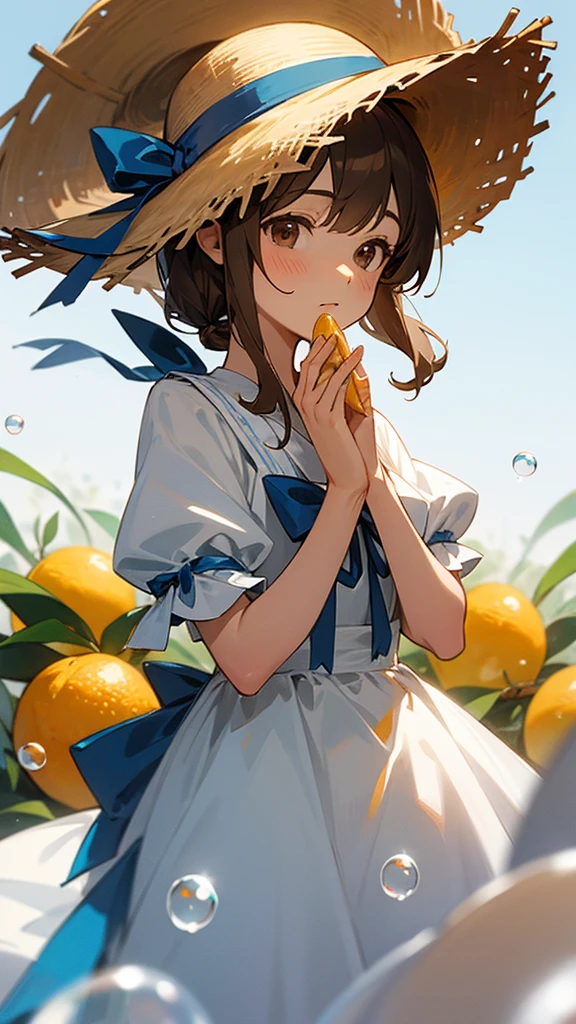 Straw hat with blue ribbon, white and brown citrus hair, white dress, hands together, brown eyes, soap bubbles