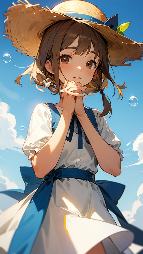 Straw hat with blue ribbon, white and brown citrus hair, white dress, hands together, brown eyes, soap bubbles