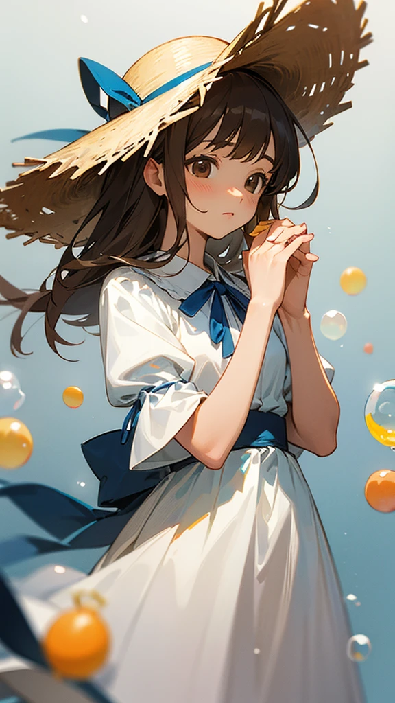 Straw hat with blue ribbon, white and brown citrus hair, white dress, hands together, brown eyes, soap bubbles