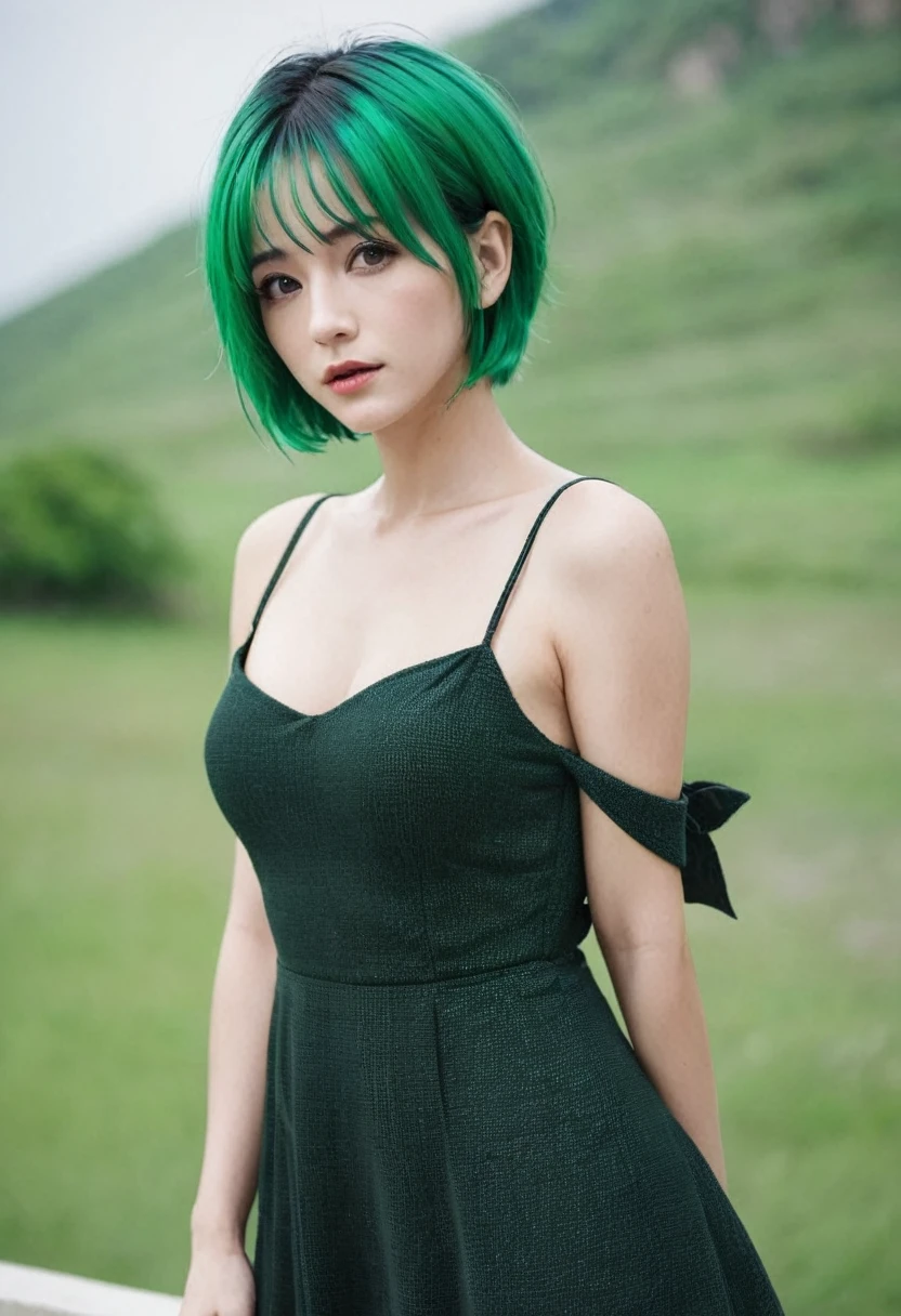 One Woman, Green Hair, Red eyes, Sexy Dress, short hair, (alone:1.3),  