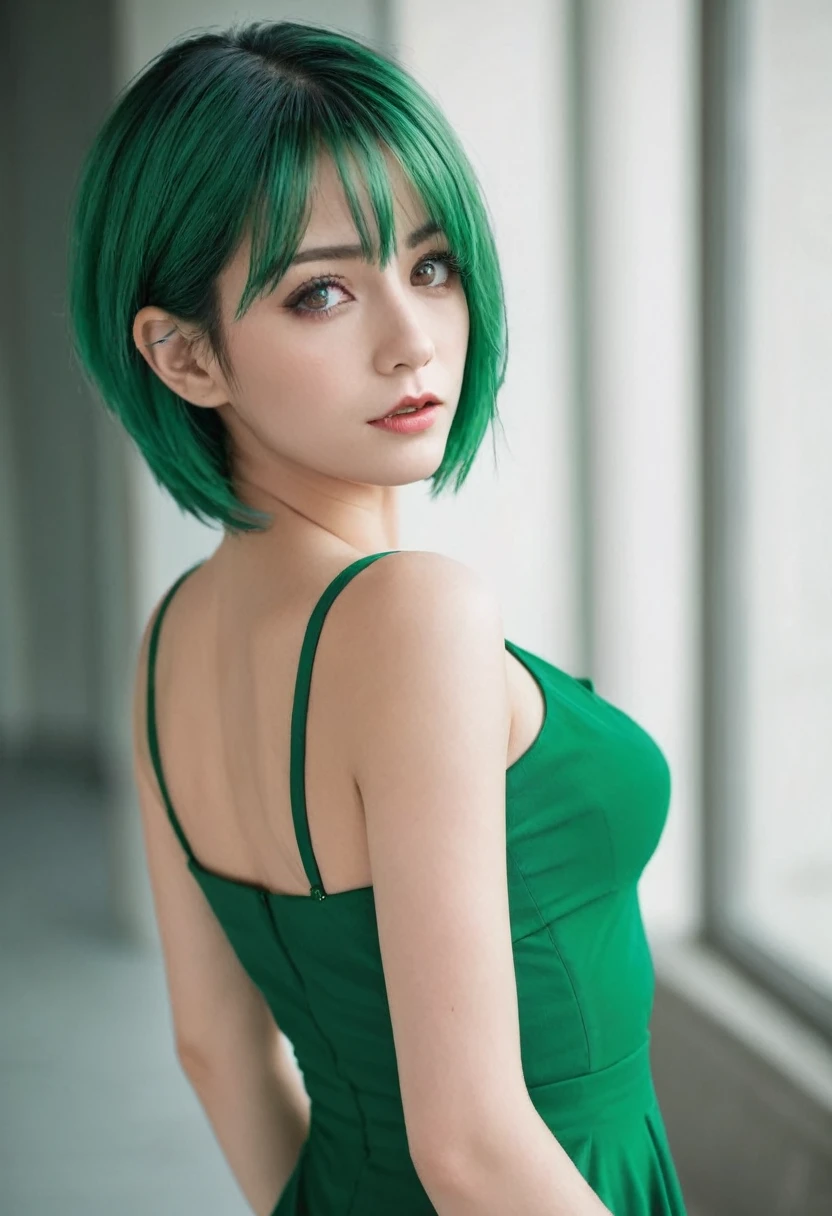 One Woman, Green Hair, Red eyes, Sexy Dress, short hair, (alone:1.3),