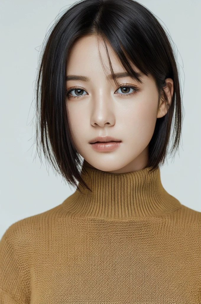 Masterpiece: 1.3), (8k, photorealistic, RAW photo, top quality: 1.4), (1girl), beautiful face, (realistic face), (black hair, short hair: 1.3), beautiful hairstyle, realistic eyes, beautiful detail eyes, (realistic skin), beautiful skin, (sweater), absurd, attractive, ultra high resolution, ultra realistic, high definition, golden ratio