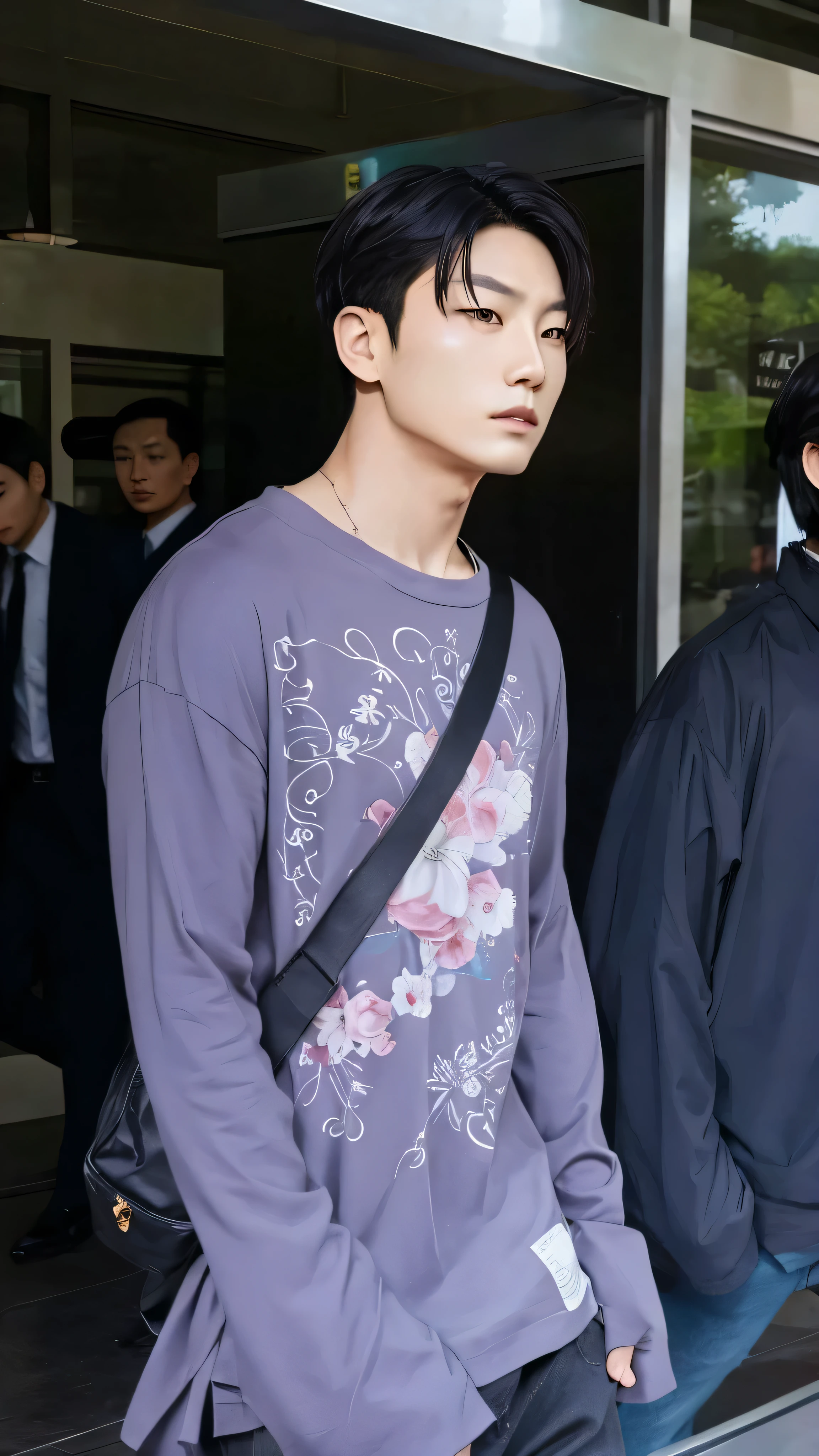 asian man walking charming with a serious face, inspired by jeon jungkook