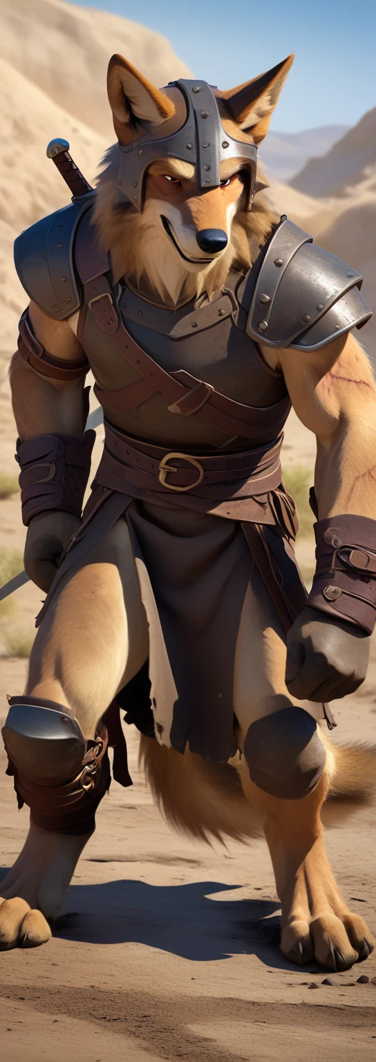 Solo anthro furry desert wolf coyote male; ancient Mediterranean desert mercenary warrior; slim mesomorph handsome model apperance; anthro muzzle head shape leather helmet mask with eye holes; anthro muzzle head shape leather helmet mask with eye holes, sexy toned muscules; sword scars; worn out brown studded leather rusty armament. He has a worn ot dirty old short-sleeve tunic, belted with a heavy leather belt armor. on his chest he wears a heavy skimpy heavy breastplate over a tunic, a loinloth with worn-out loose desert trousers
, He has His heavy armor is old heavy brown harness with armlets studded with spikes;, he has old brown leather BFR Bands on Biceps and his thighs, he has old worn out fingerless leather gloves, shin guards, feet bondages. His heavy armor is in ruin, it is very very old and dirty, rusted, dirty, old worn out, rusty breastplate. Even though he is a handsome man, he has a sloppy appearance, has disheveled unwashed dirty fur, dirty body look. he smells, he has stains from old blood, dirt, semen, mud, smelly furr, disgusting bastard looking. Mediterranean sunny pine seacoastline pine forest; he has a proud, threatening and defiant expression on his face, with little dirty dangerous smile; He stands proudly bravely in an upright attacking position, he holds a rised up sword in his right paw, ready for incoming fight;