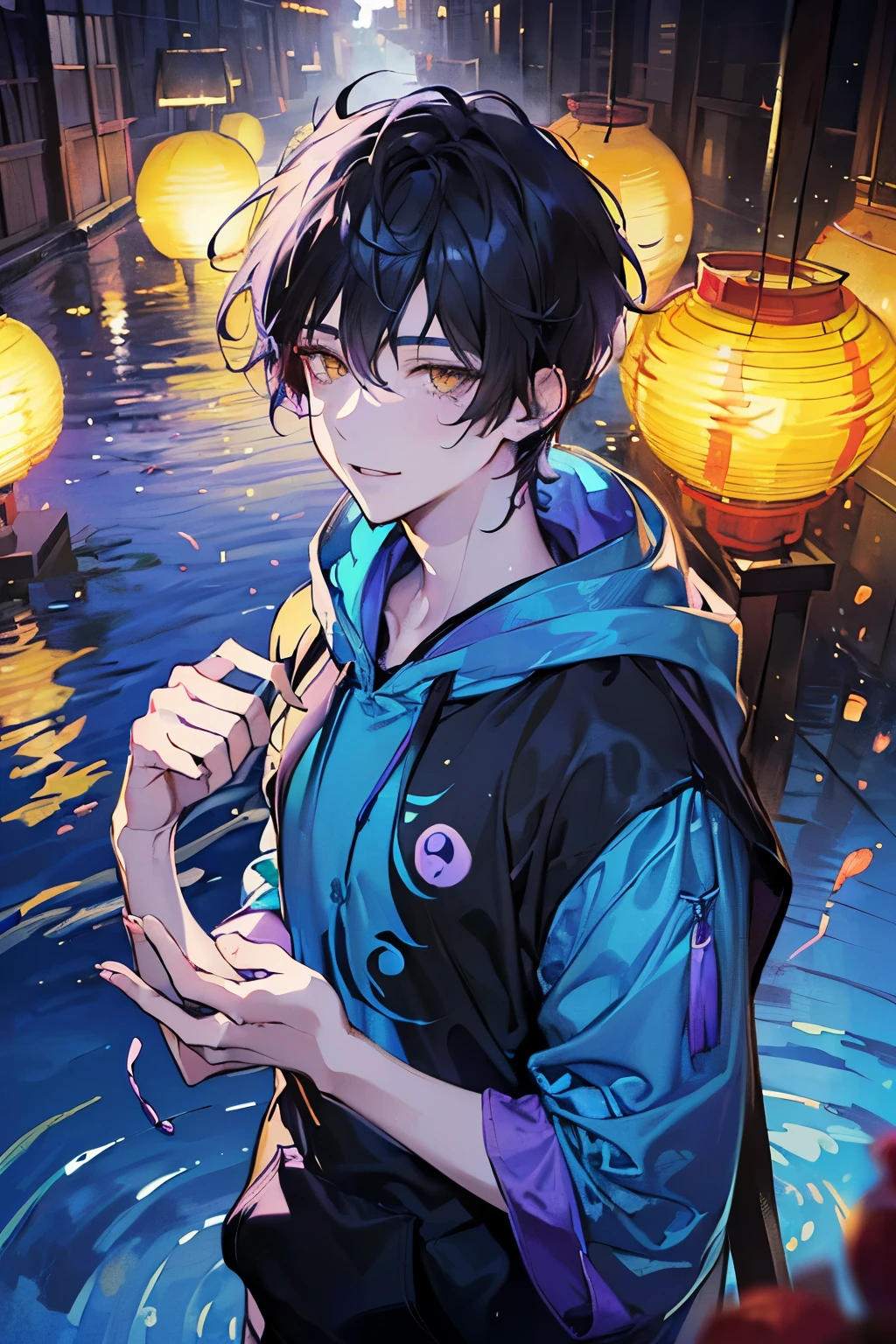 ((beautiful young men's:1.3)),((black hair:1.2)),(yellow eyes:1.25),((short hair:1.1)),(blue and purple short sleeve hoodie:1.3),(A stream reflecting the setting sun:1.3),(Many lanterns flying in the sky:1.4),(high Quality:1.2),(perfect image:1.2),((pixiv illustration:1.2)),smile,red cheek,(close-up Face:1.25).