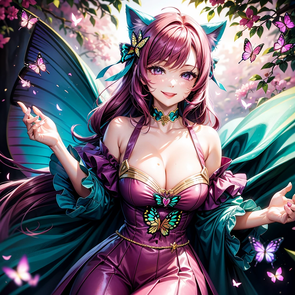 Magenta hair, hazel eyes, older woman, hair bows, cat ears, long hair, smiling face, sexy outfit, butterflies, teal and gold outfit, butterfly background, cover chest area