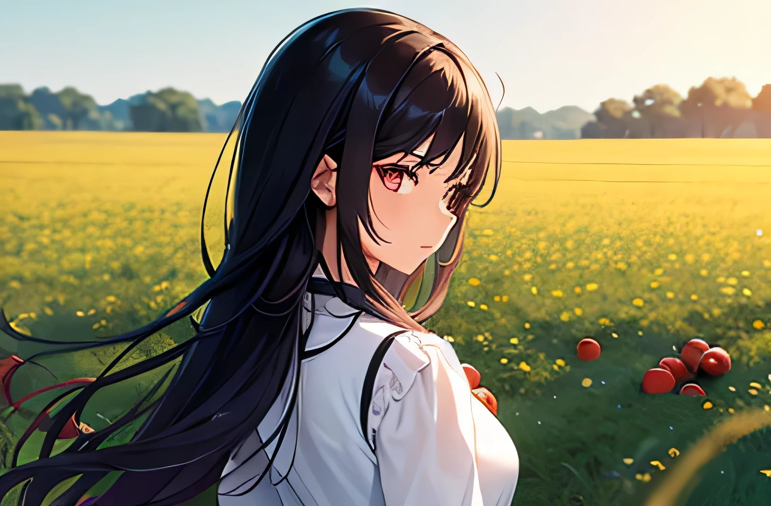 A woman looking at a field full of ripe tomatoes,Her hair is black and long,Back view