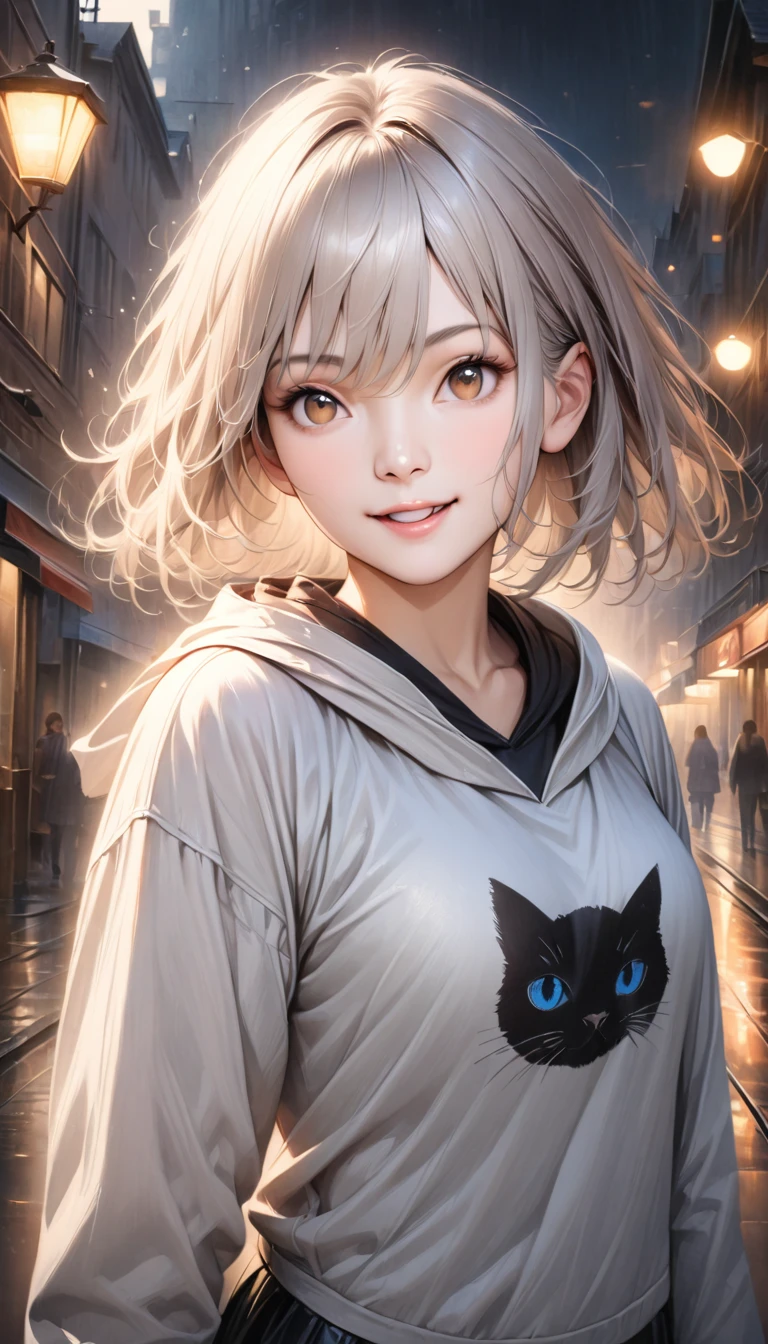 (masterpiece:1.2, Highest quality), (Realistic, photoRealistic:1.4), Beautiful illustrations, (Natural Side Lighting, Cinema Lighting), Browsing Caution, View your viewers, Face Focus, Upper Body, 1 girl, Japanese, high school girl, Perfect Face, Cute and symmetrical face, Glowing Skin, (short hair:1.2, Messy Hair:1.2, Silver Hair), Hair between the eyes, Chestnut brown eyes, Slanted Eyes, Long eyelashes, (Medium chest), thin, Beautiful Hair, Beautiful Face, Beautiful attention to detail, Beautiful clavicle, Beautiful body, Beautiful breasts, Beautiful thighs, Beautiful feet, Beautiful fingers, ((Detailed cloth texture, Long sleeve white hoodie, Purple cat print shirt, Black mini skirt)), (Beautiful views), winter, evening, (Outdoor), walk, (Cute smile, Open your mouth),