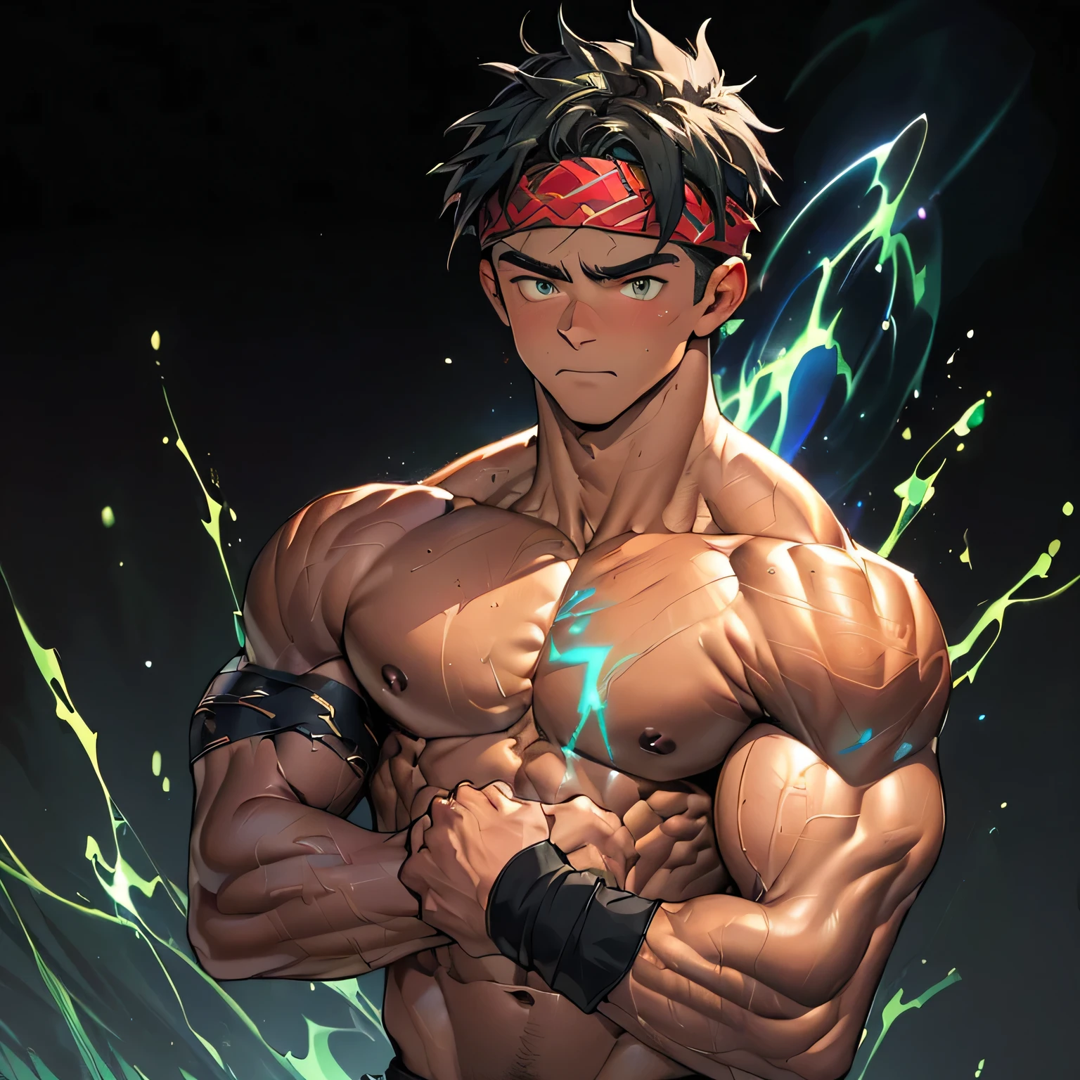 ((masterpiece, best quality)), (((((black background, deep night, upper body))))), (19 year old boy, worm eyes, Young boy, muscler, Shirtless, topless), ((((1boy, flesh, tough, reliable, developed body, blue and green aura effect, holding aura energy)))), (Dark Short straight hair, ((almost completely shaved hair)), under cut, brown eyes), (((red headband, black wristband))), Vivid colors, ((hot Abs:1.2, abs!, big abs, big breast:1.2, chest!, muscler upper arms)), muscler!, muscler body, detailed face, detailed muscle, (((rippling muscles, Flowing energy, giving off an aura of holy power)))